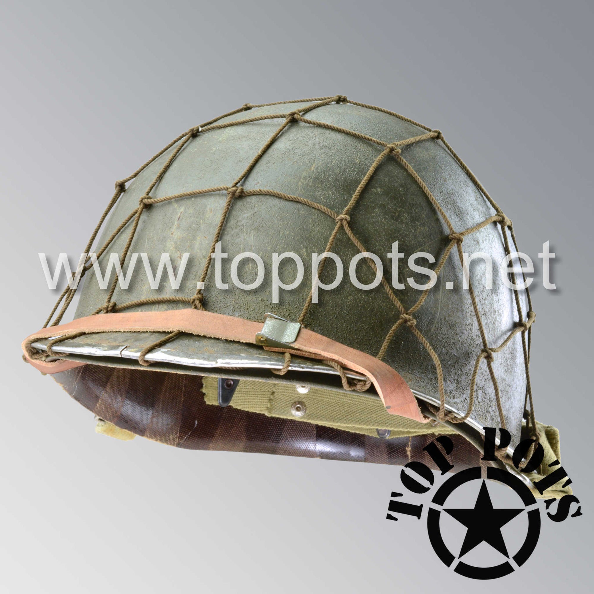 WWII US Army Aged Original M1 Infantry Helmet Swivel Bale Shell and Liner with Large Cargo Net