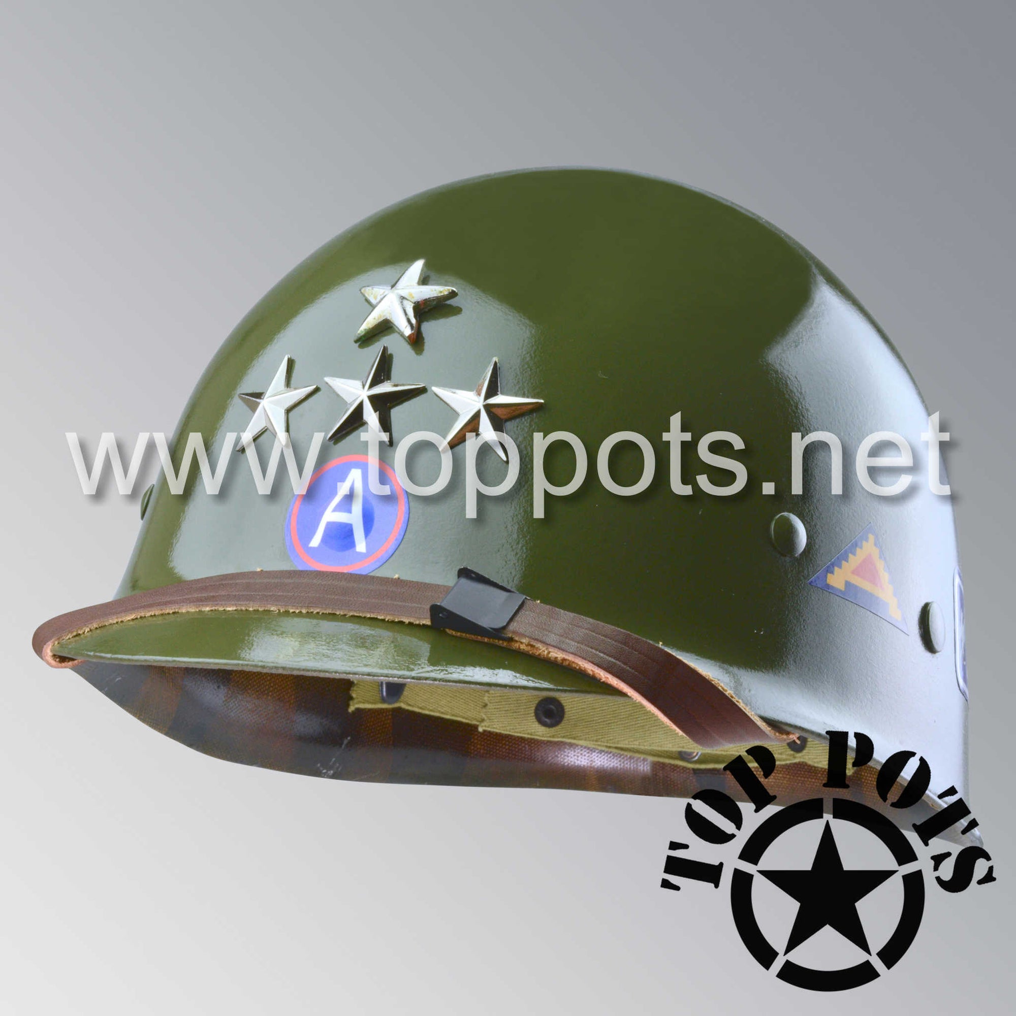 WWII US Army Restored Original M1 Infantry Helmet Liner with Patton 3rd Army Four Star General Rank with Leather Chinstrap