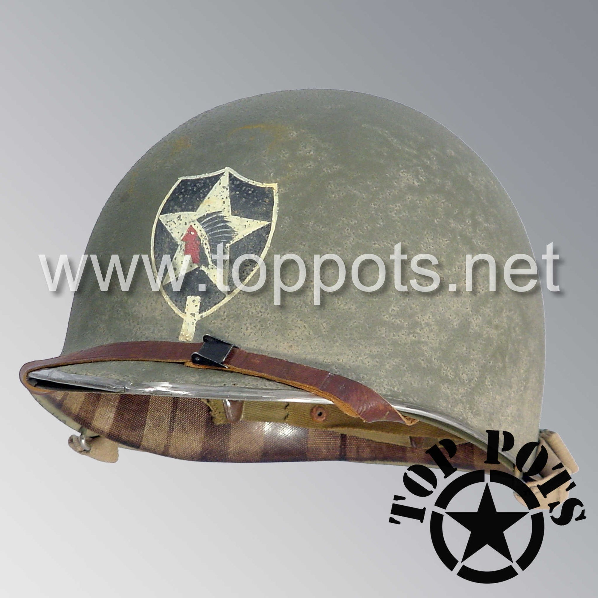 WWII US Army Aged Original M1 Infantry Helmet Fix Bale Shell and Liner with 2nd Infantry Division Officer Emblem