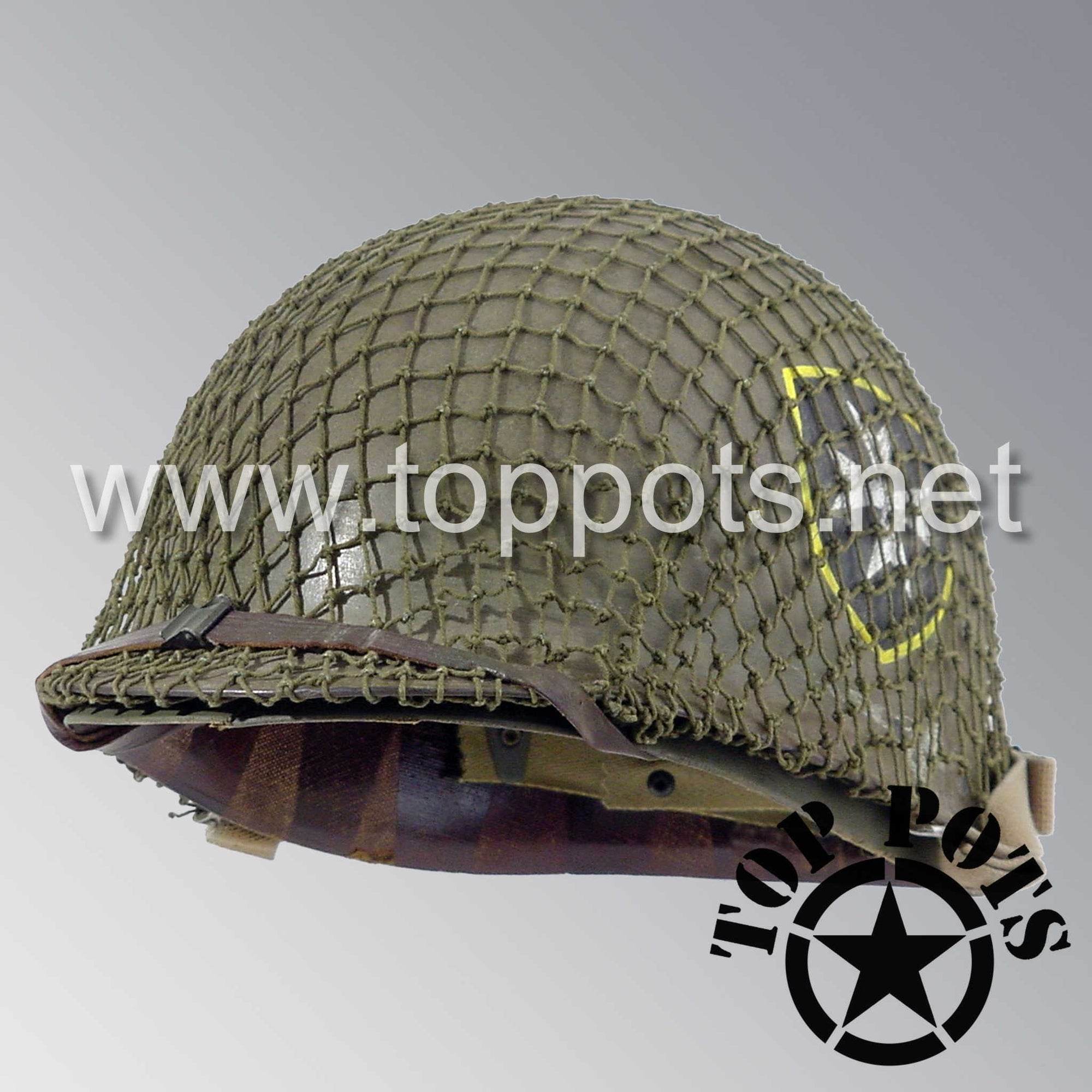 Korean War US Army Aged Original M1 Infantry Helmet Swivel Bale Shell and Liner with 65th Infantry Regiment Emblem and Net
