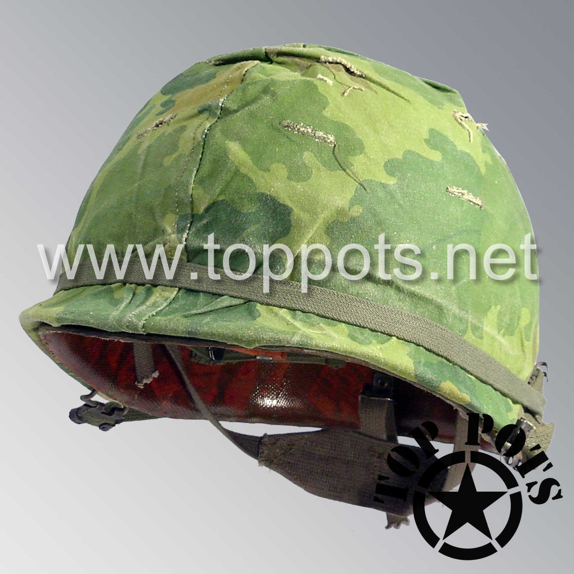 Vietnam War US Army Original M1 Infantry Helmet Swivel Bale Shell and P64 Liner with Mitchell Camouflage Cover