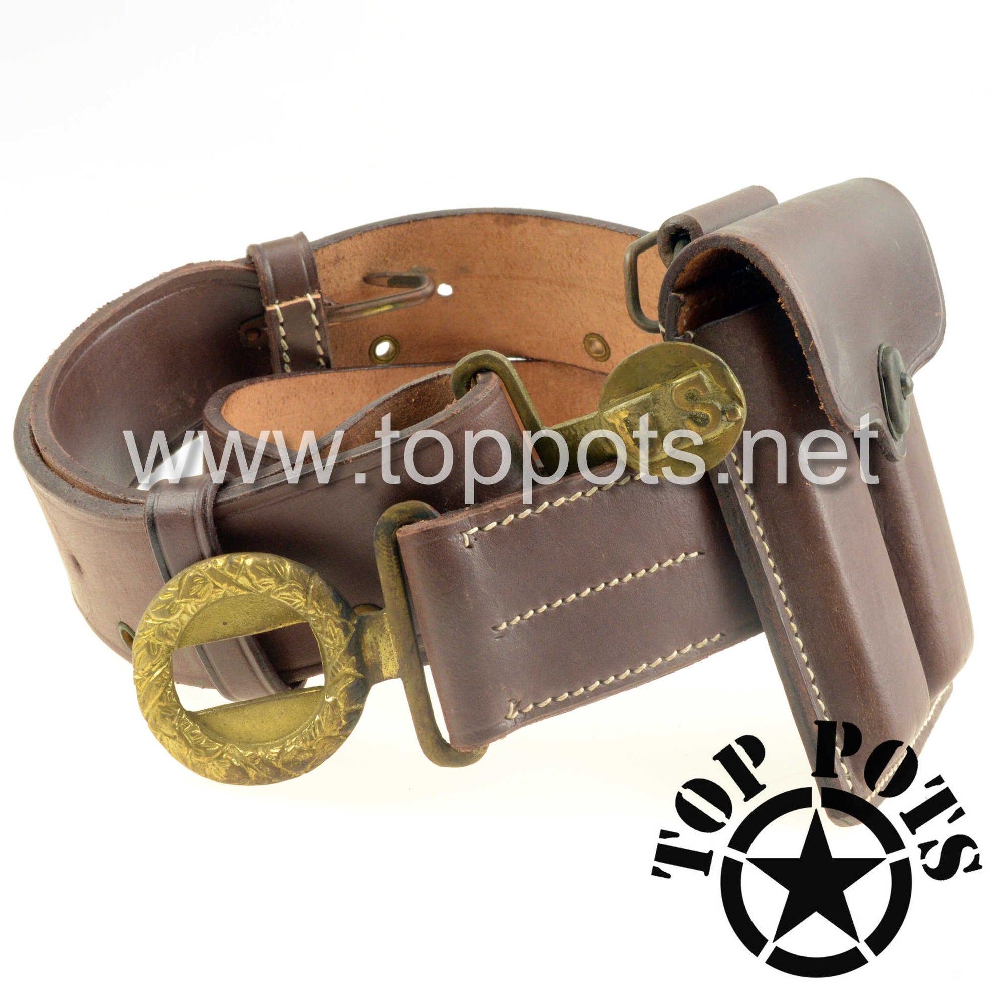 WWII US Army Reproduction M1911 Leather Officer Waist Belt with Double 45 Ammo Pouch Set & Holster– Brass Oval US Buckle
