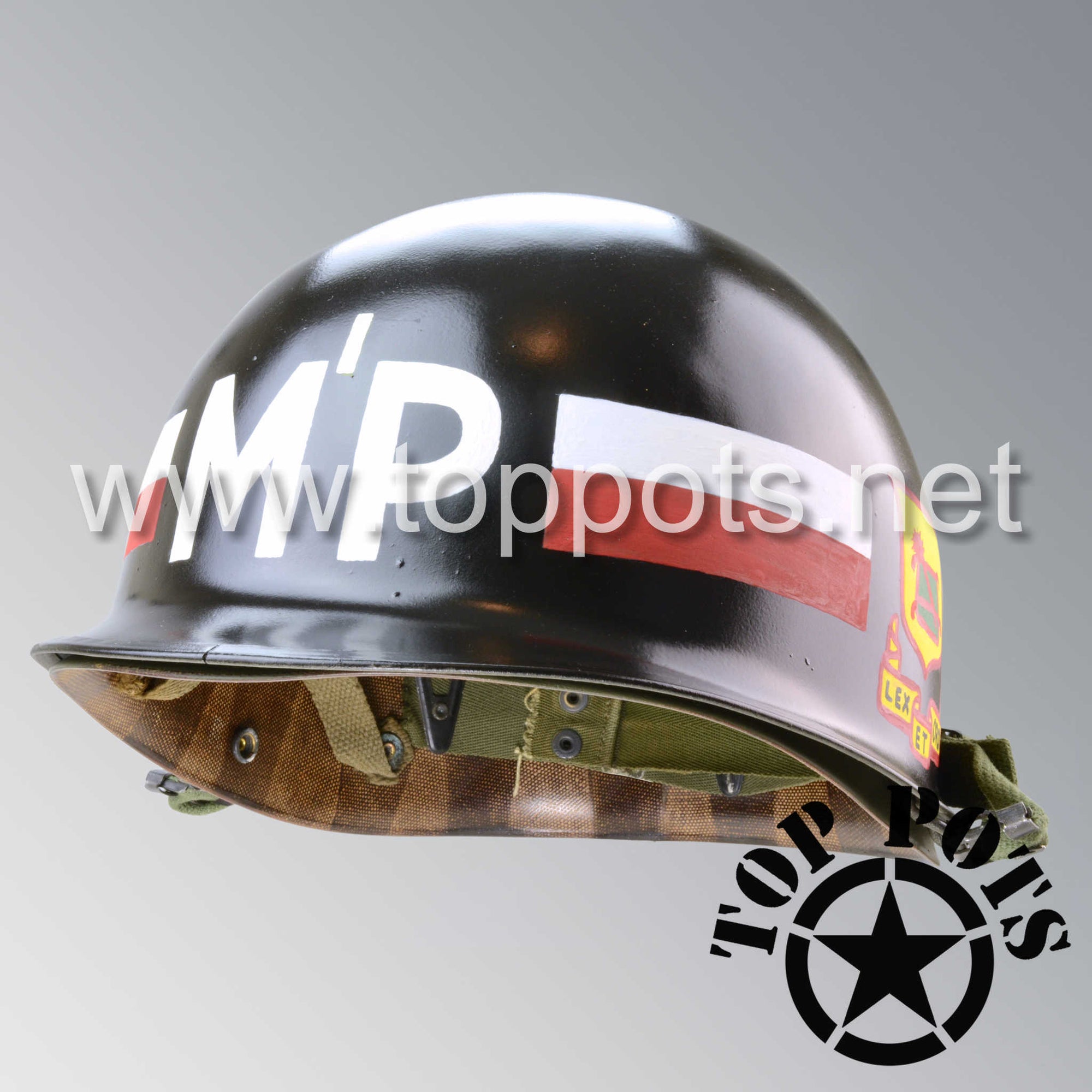 Vietnam War US Army Original M1 Infantry Helmet and Liner with 76th MP Battalion 8th Military Police Brigade Emblem