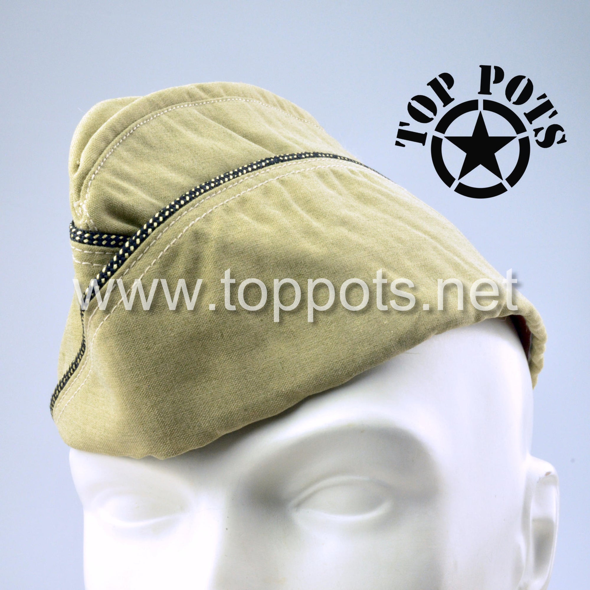 WWII US Army Reproduction Khaki Cotton Officer Summer Uniform Garrison Overseas Cap – Cap, Garrison, Khaki