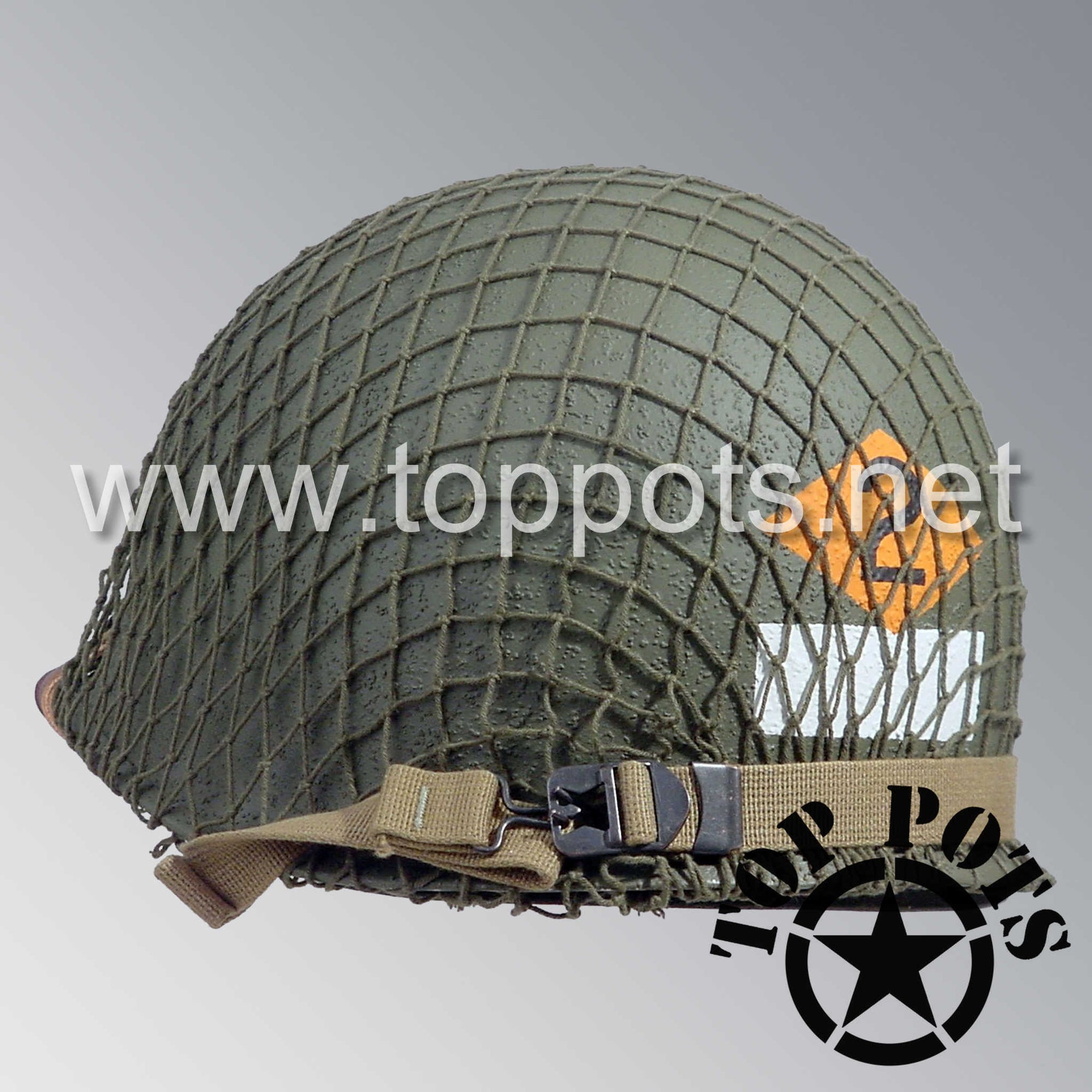 WWII US Army Restored Original M1 Infantry Helmet Swivel Bale Shell and Liner with 2nd Ranger NCO Emblem and OD 7 Net