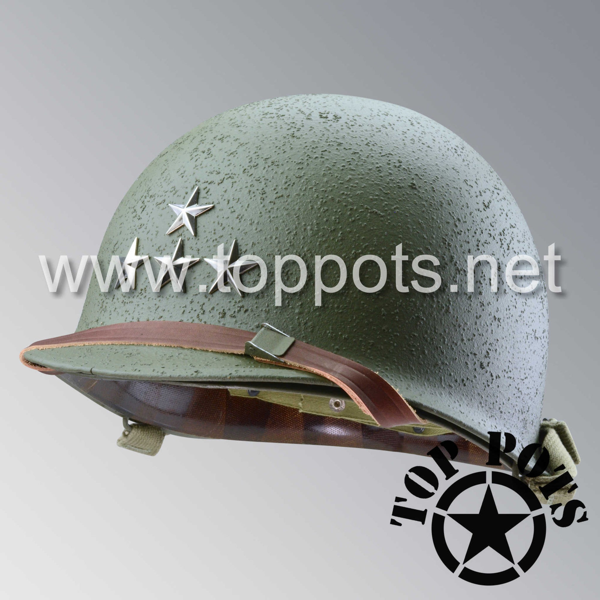 WWII US Army Restored Original M1 Infantry Helmet Swivel Bale Shell and Liner with 3rd Army General Patton Rank - George C Scott Patton Film