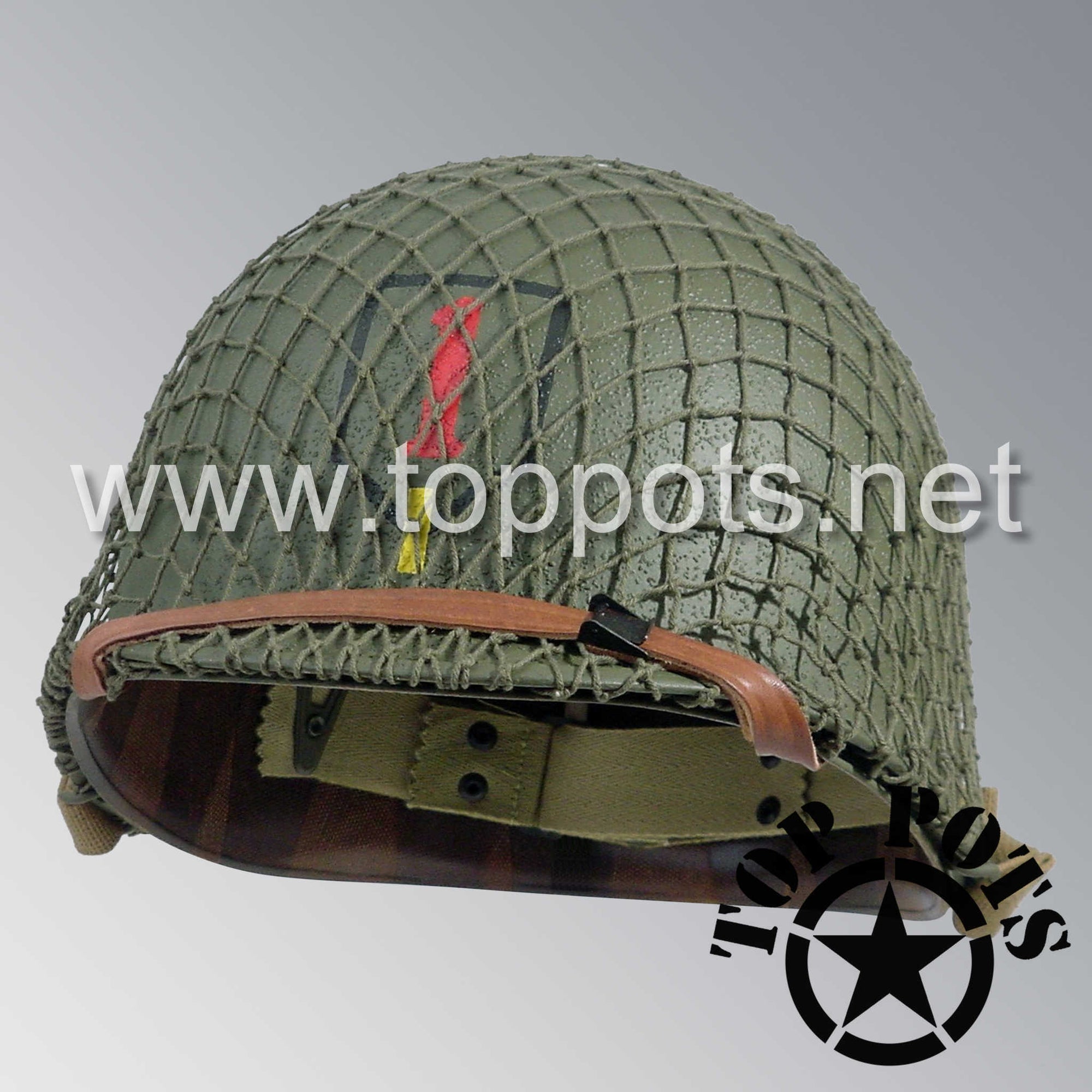 WWII US Army Restored Original M1 Infantry Helmet Swivel Bale Shell and Liner with 1st Infantry Division Officer Emblem