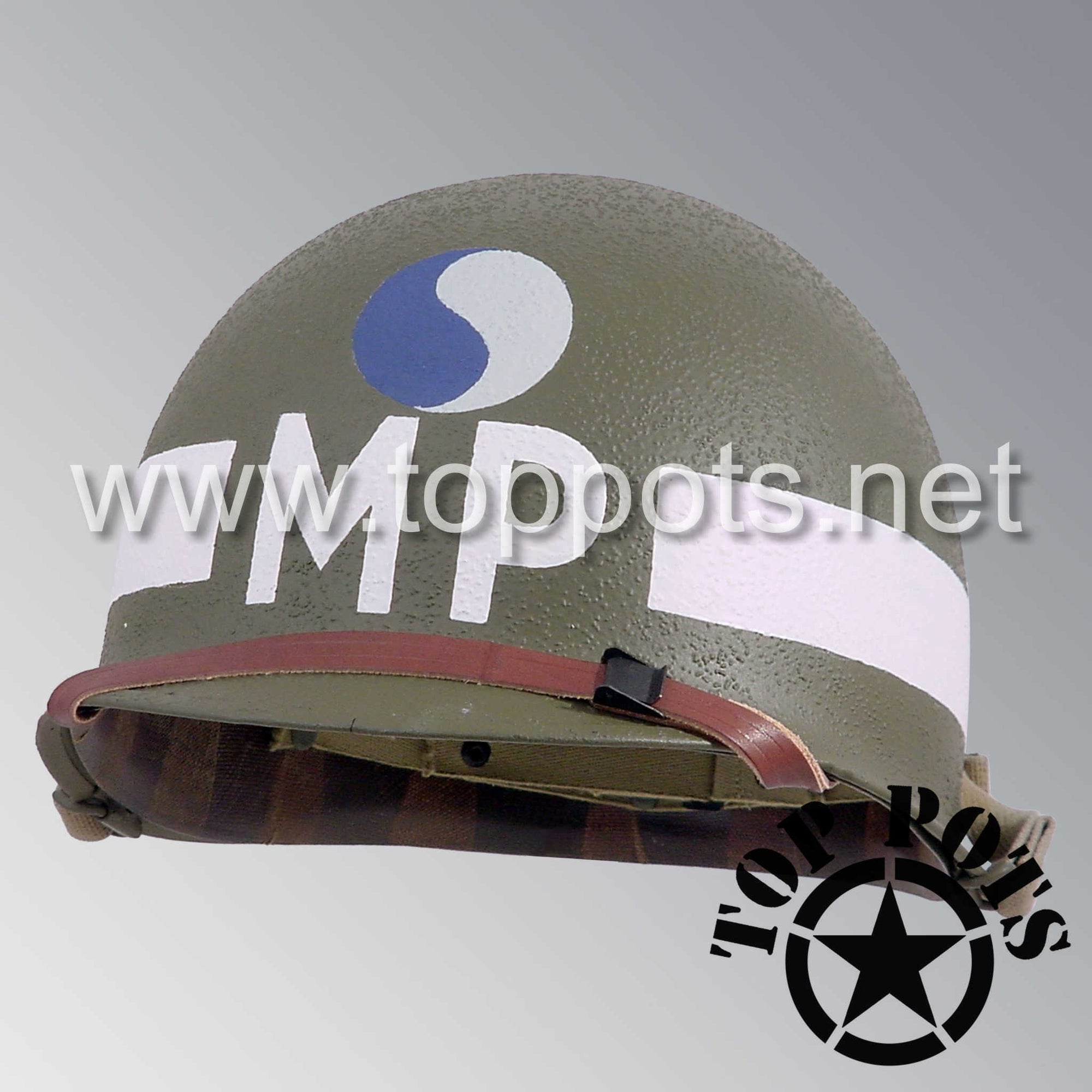 WWII US Army Restored Original M1 Infantry Helmet Swivel Bale Shell and Liner with 29th Infantry Division Military Police Battalion MP Emblem