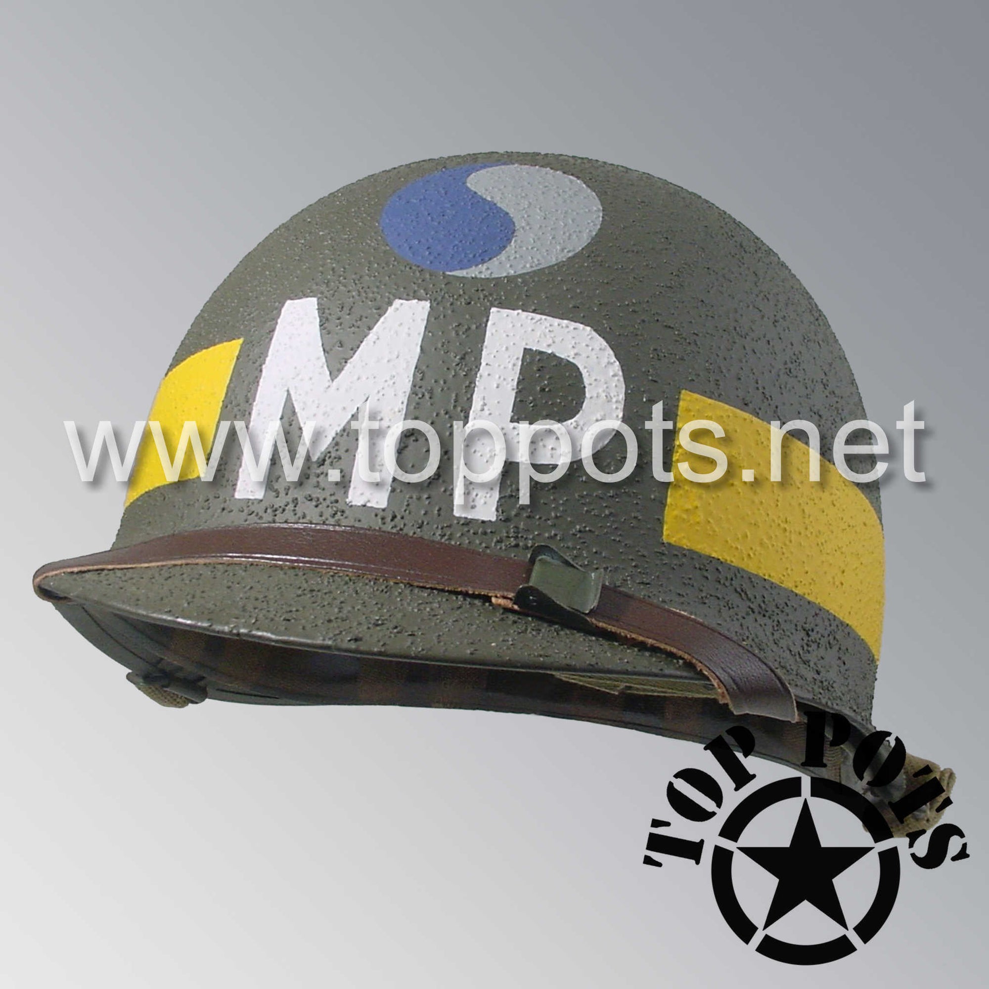 WWII US Army Restored Original M1 Infantry Helmet Swivel Bale Shell and Liner with 29th Infantry Division Military Police Divisional MP Emblem