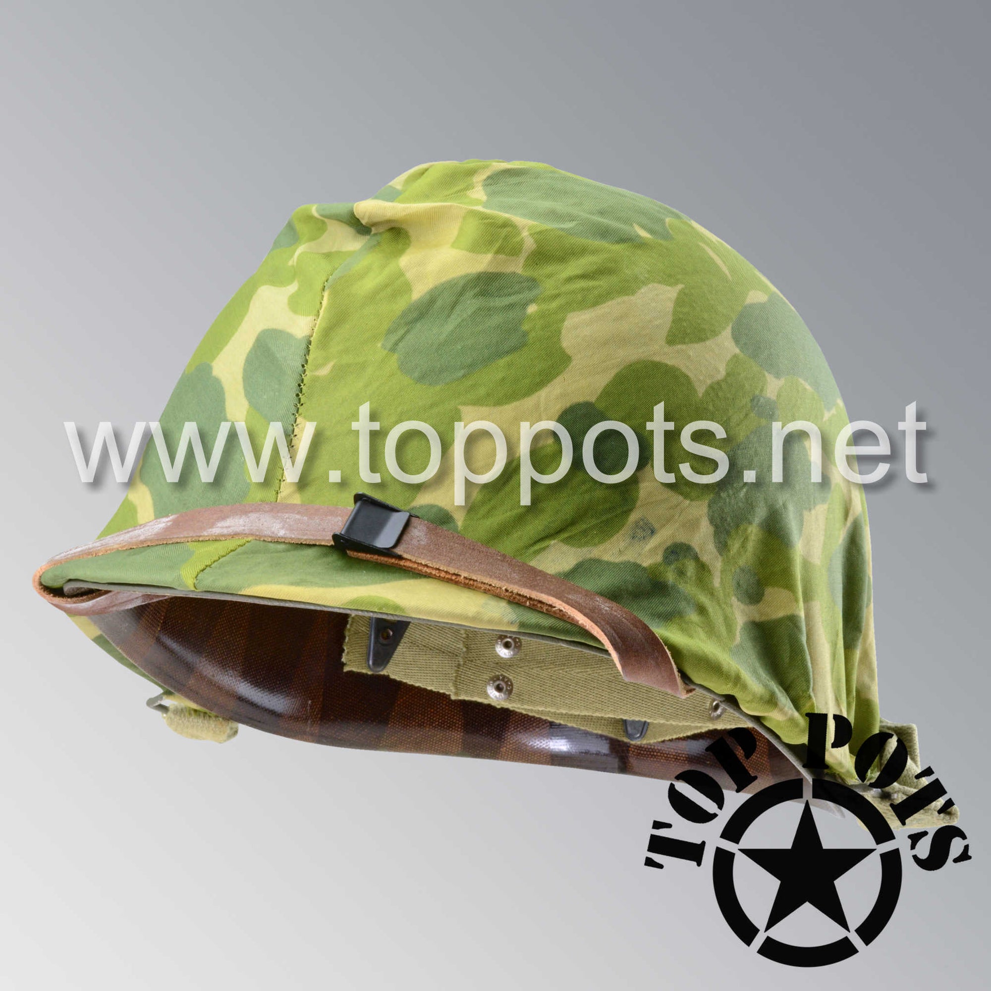 WWII US Army Restored Original M1 Infantry Helmet Swivel Bale Shell and Liner with Parachute Canopy Camouflage Cover