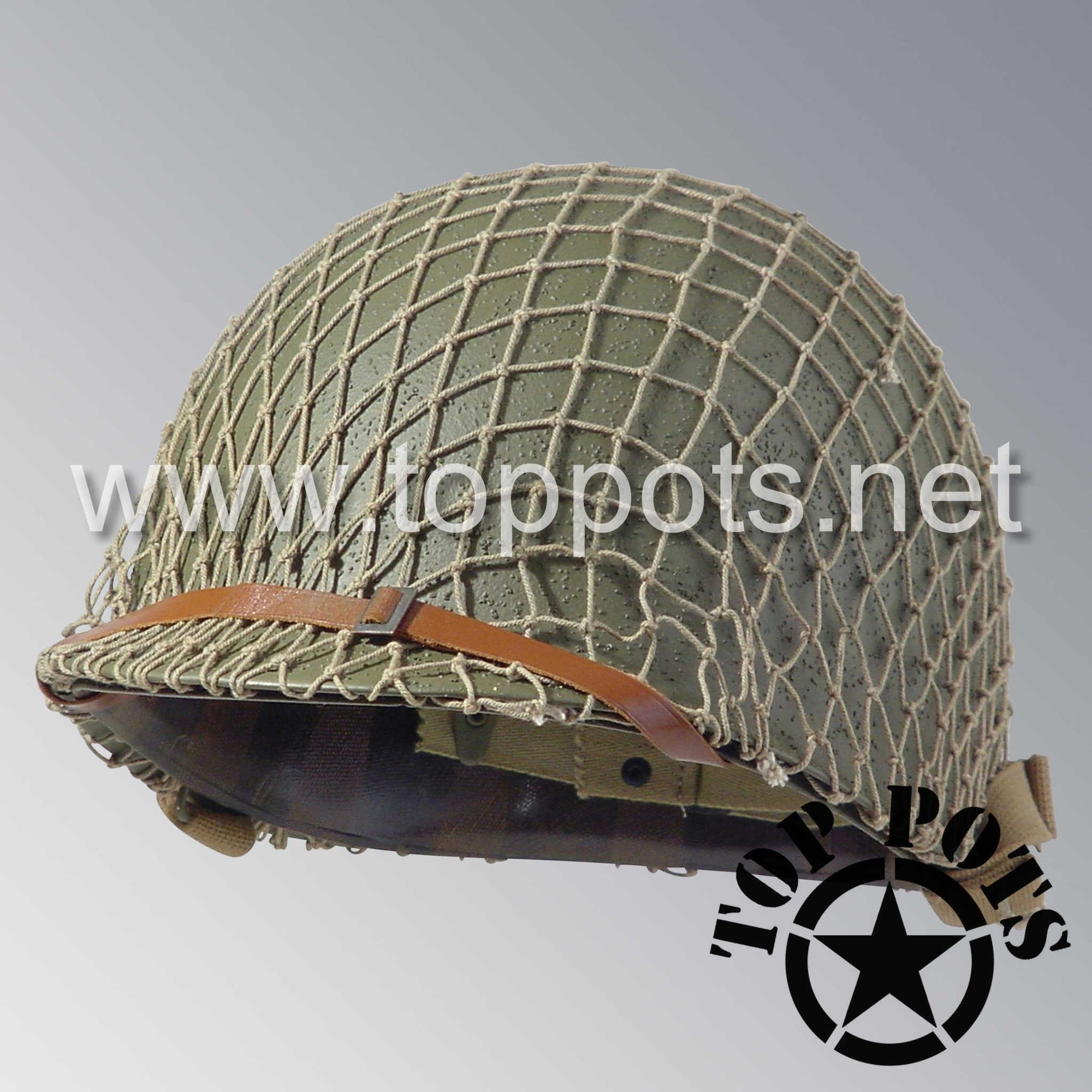 WWII US Army Restored Original M1 Infantry Helmet Fix Bale Shell and Liner with Early War Leather Chinstrap and Khaki Net
