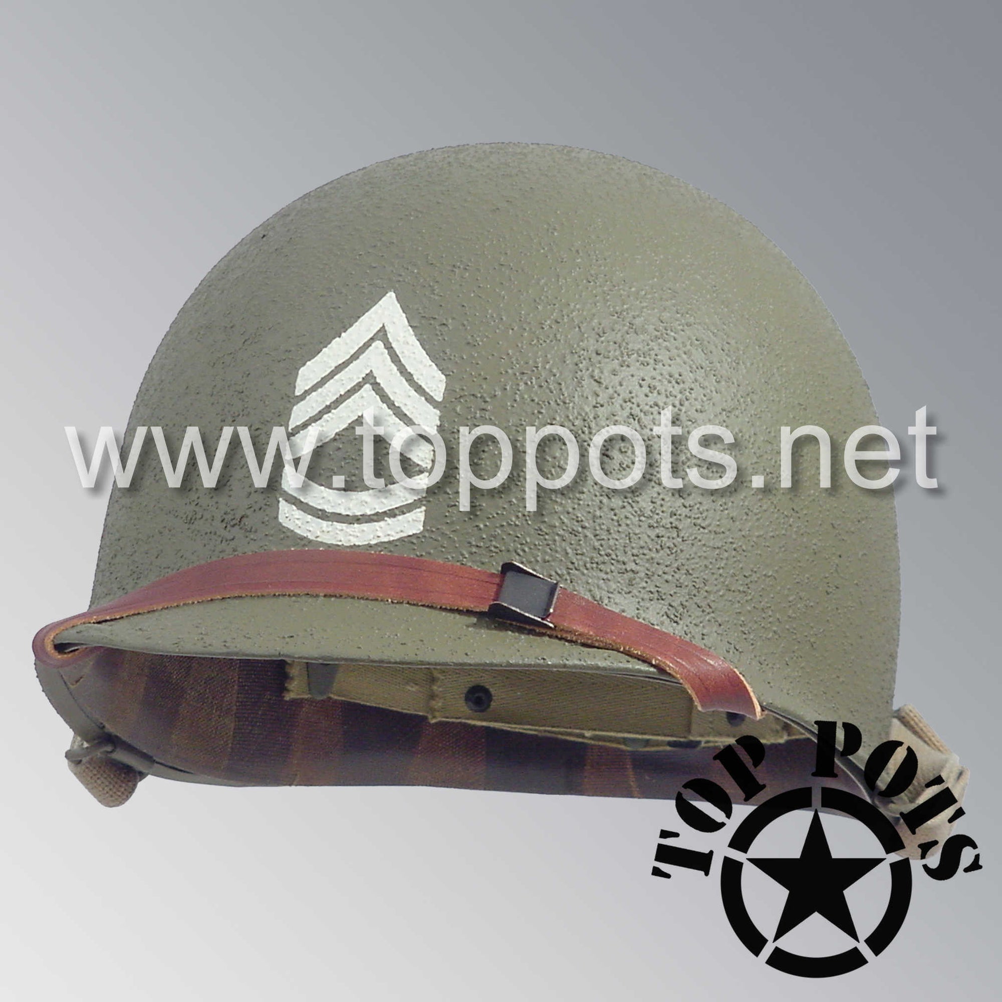 WWII US Army Restored Original M1 Infantry Helmet Swivel Bale Shell and Liner with Technical Sergeant Grade II NCO Emblem