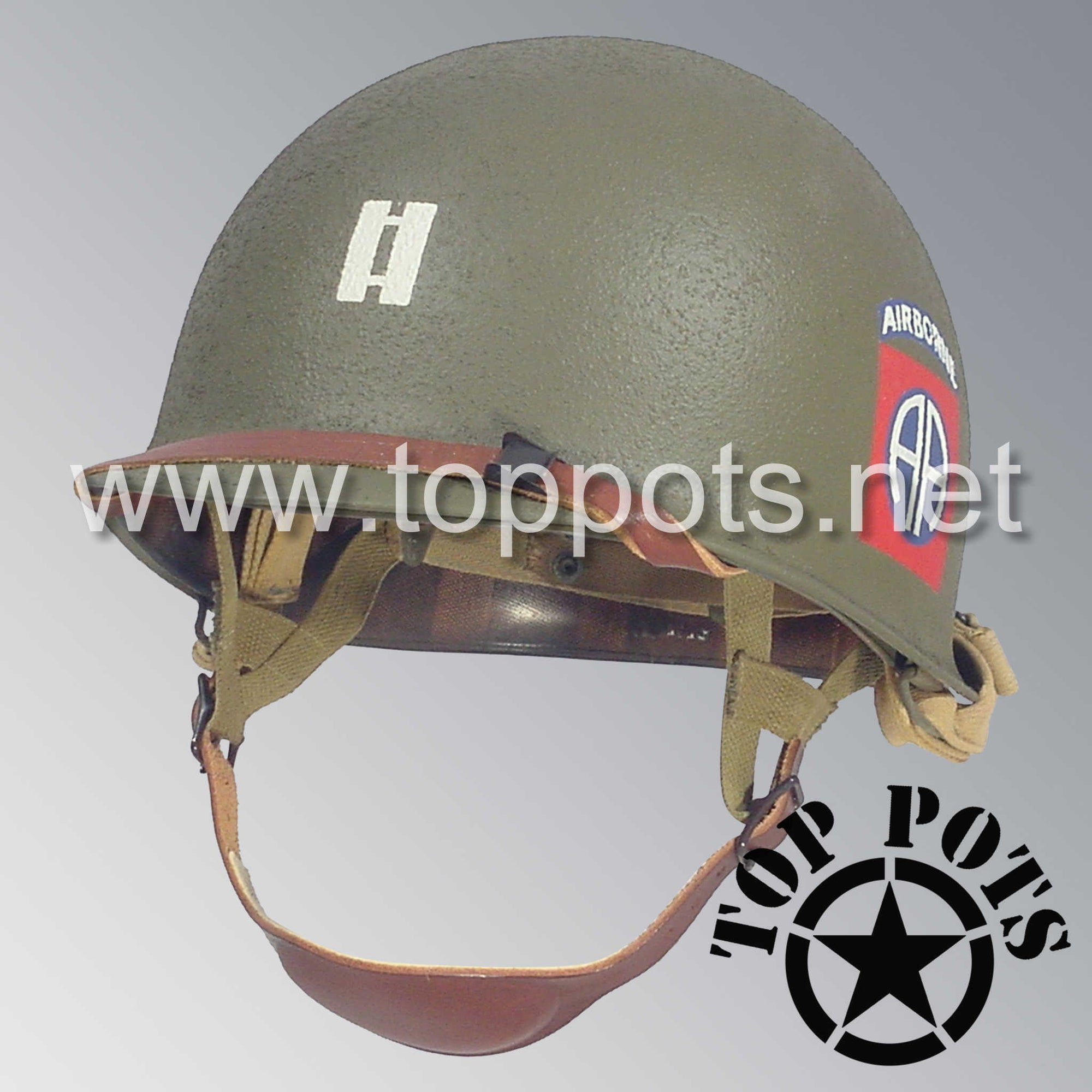 WWII US Army Restored Original M1C Paratrooper Airborne Helmet Swivel Bale Shell and Liner with 82nd Airborne 505th Officer Emblem
