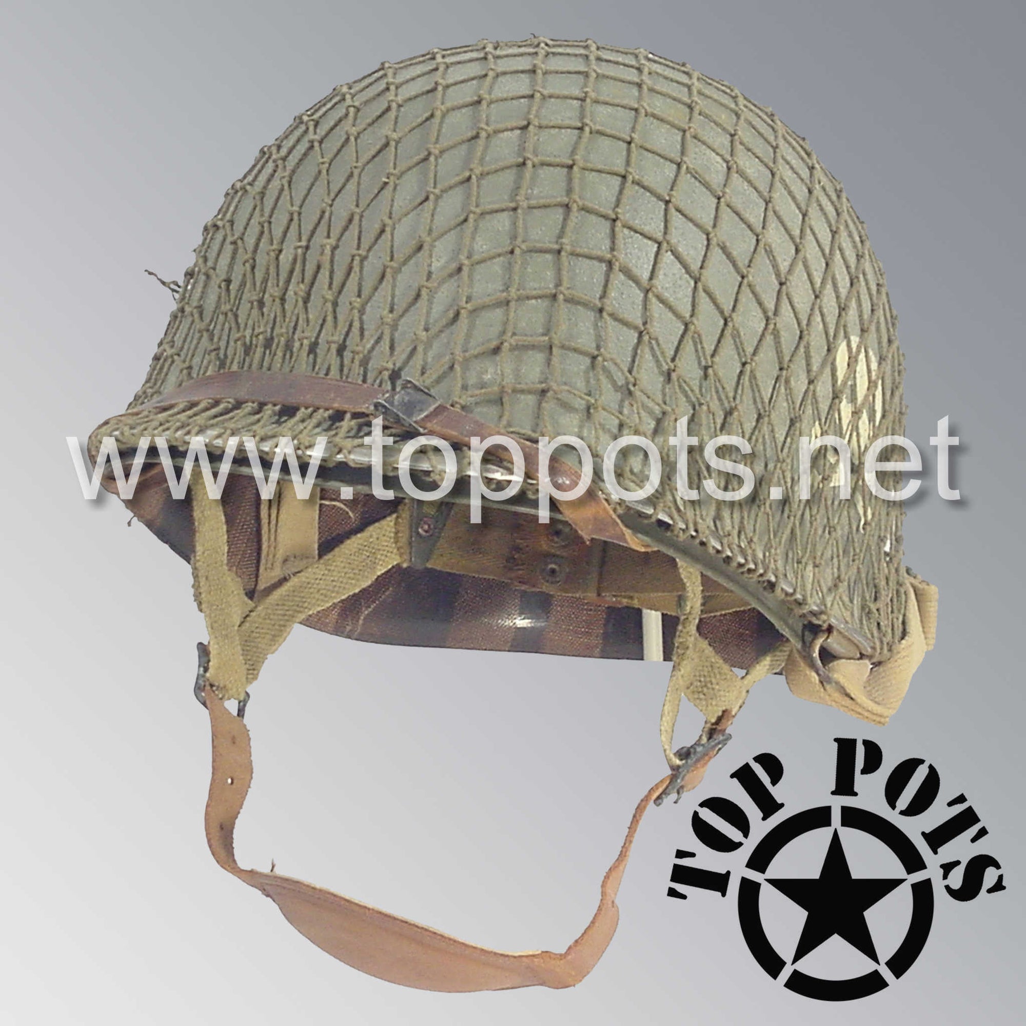 WWII US Army Aged Original M1C Paratrooper Airborne Helmet Swivel Bale Shell and Liner with 504th PIR NCO Emblem with Net