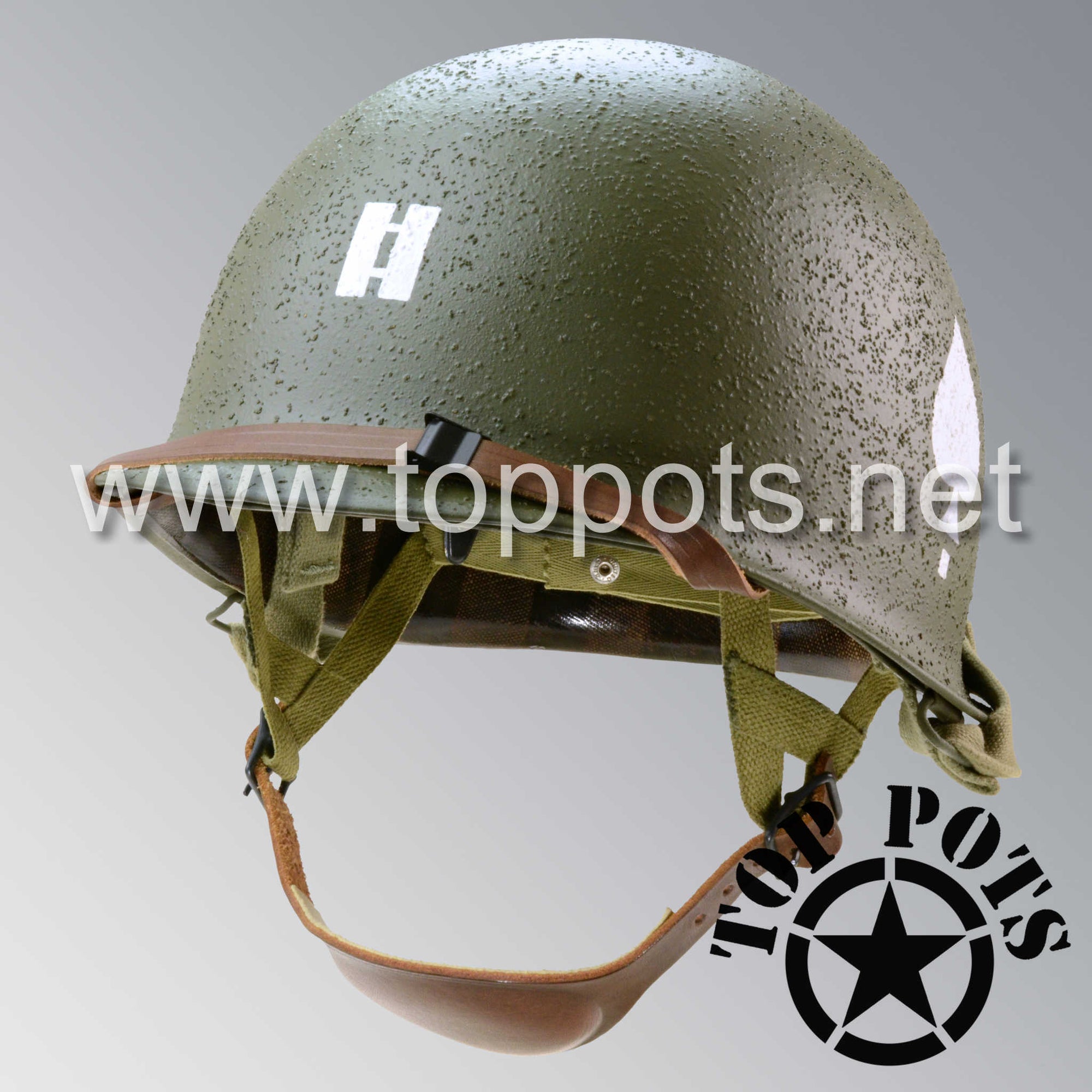 WWII US Army Restored Original M1C Paratrooper Airborne Helmet Swivel Bale Shell and Liner with 506th 2nd Battalion PIR Officer Captain Emblem