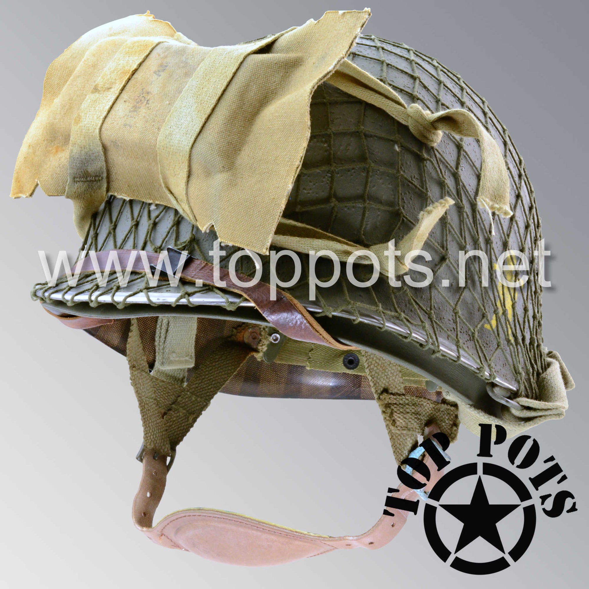 WWII US Army Aged Original M1C Paratrooper Airborne Helmet Swivel Bale Shell and Liner with 509th PIR Emblem, Net and Medic Pack