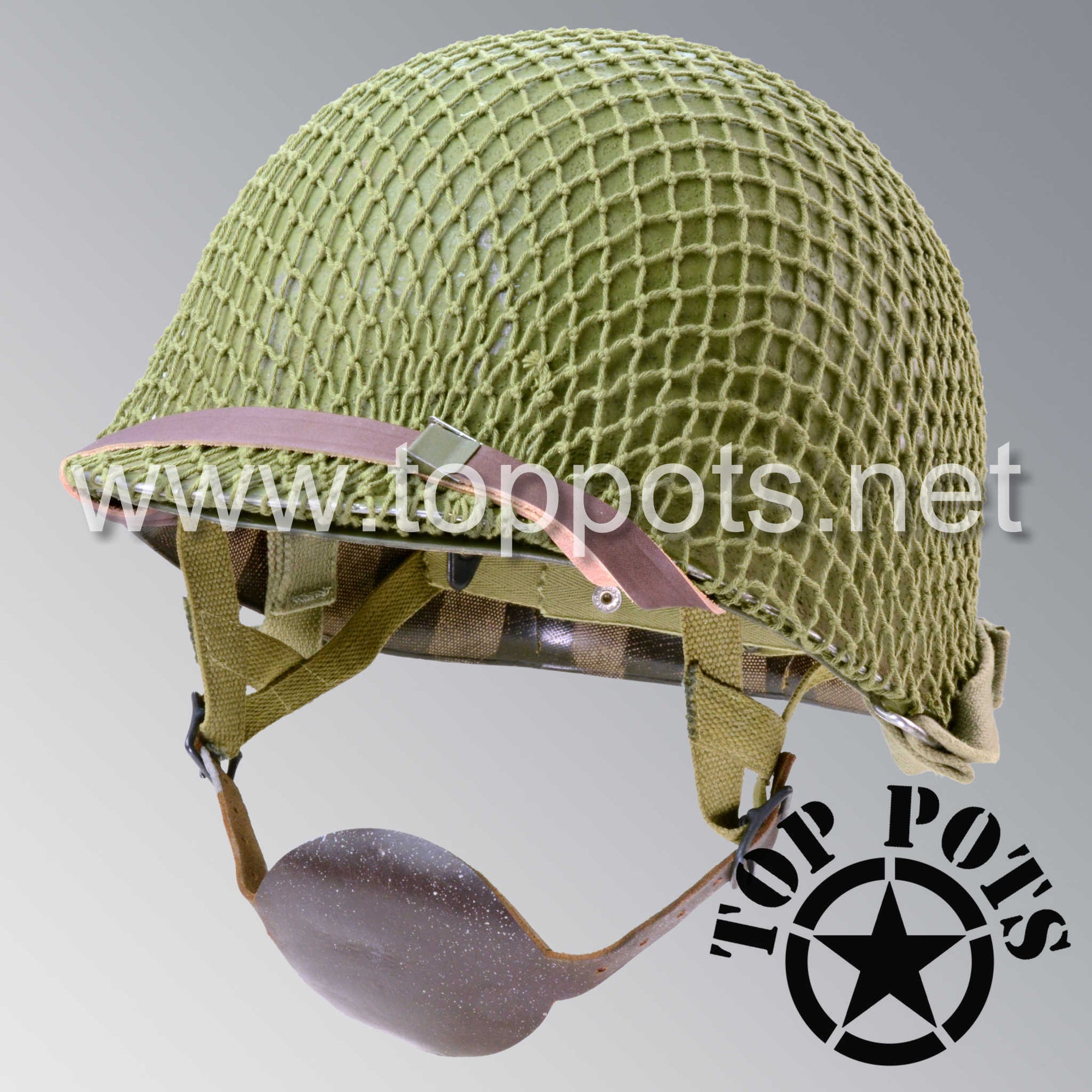 WWII US Army Aged Original M1C Paratrooper Airborne Helmet Swivel Bale Shell and Liner with Late War Finish and Net