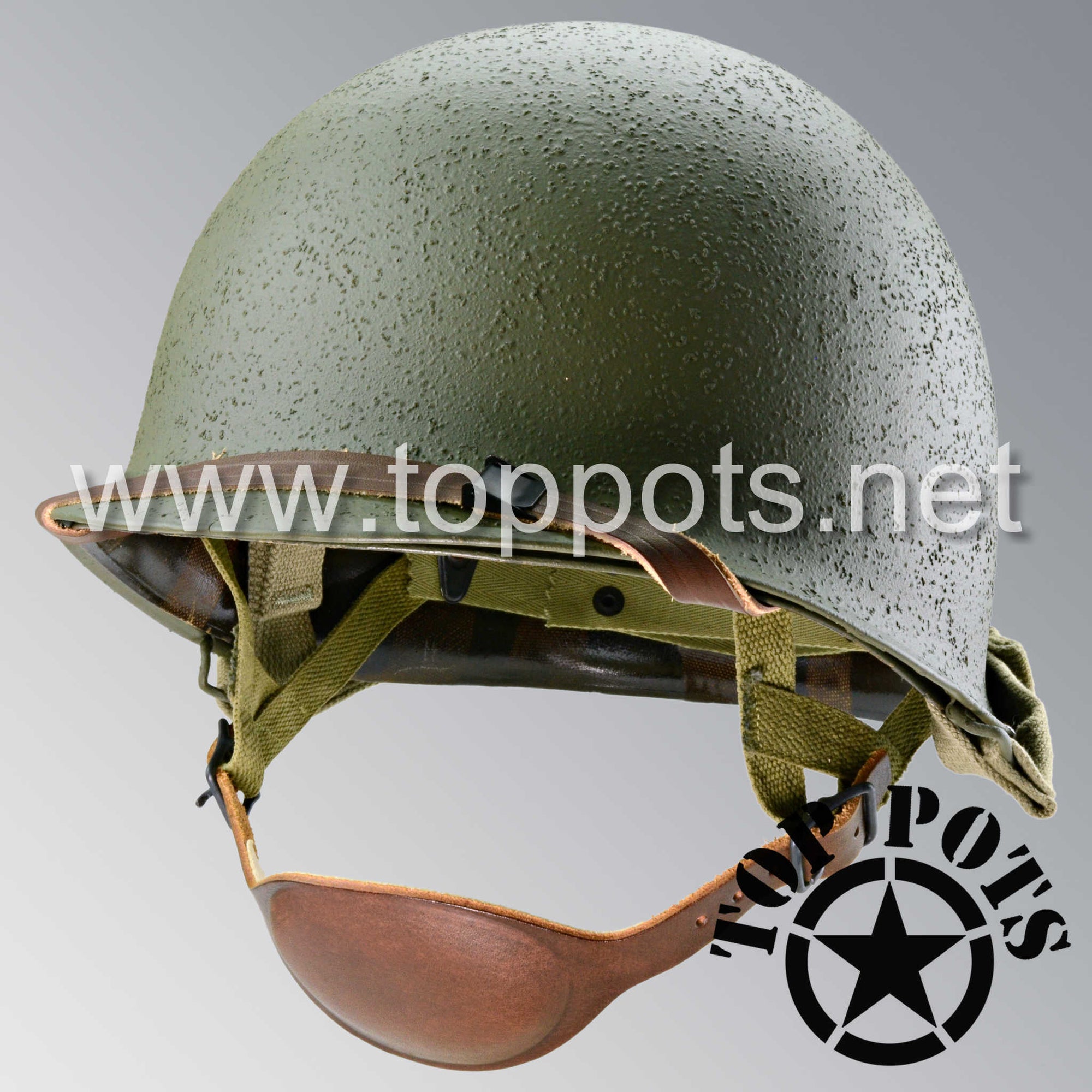 WWII US Army Restored Original M1C Paratrooper Airborne Helmet Swivel Bale Shell and Liner with Inland A Straps and Officer Emblem