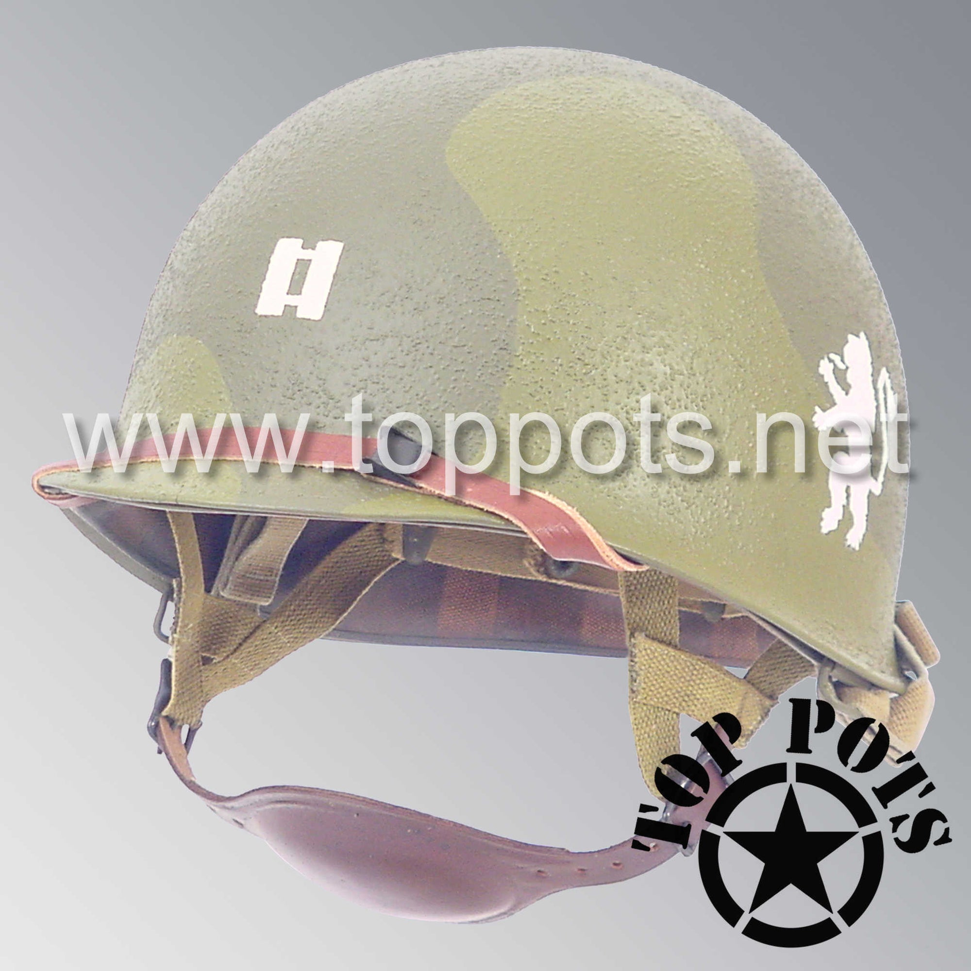 WWII US Army Restored Original M1C Paratrooper Airborne Helmet Swivel Bale Shell and Liner with 505th PIR Officer Pathfinder Camouflage Emblem