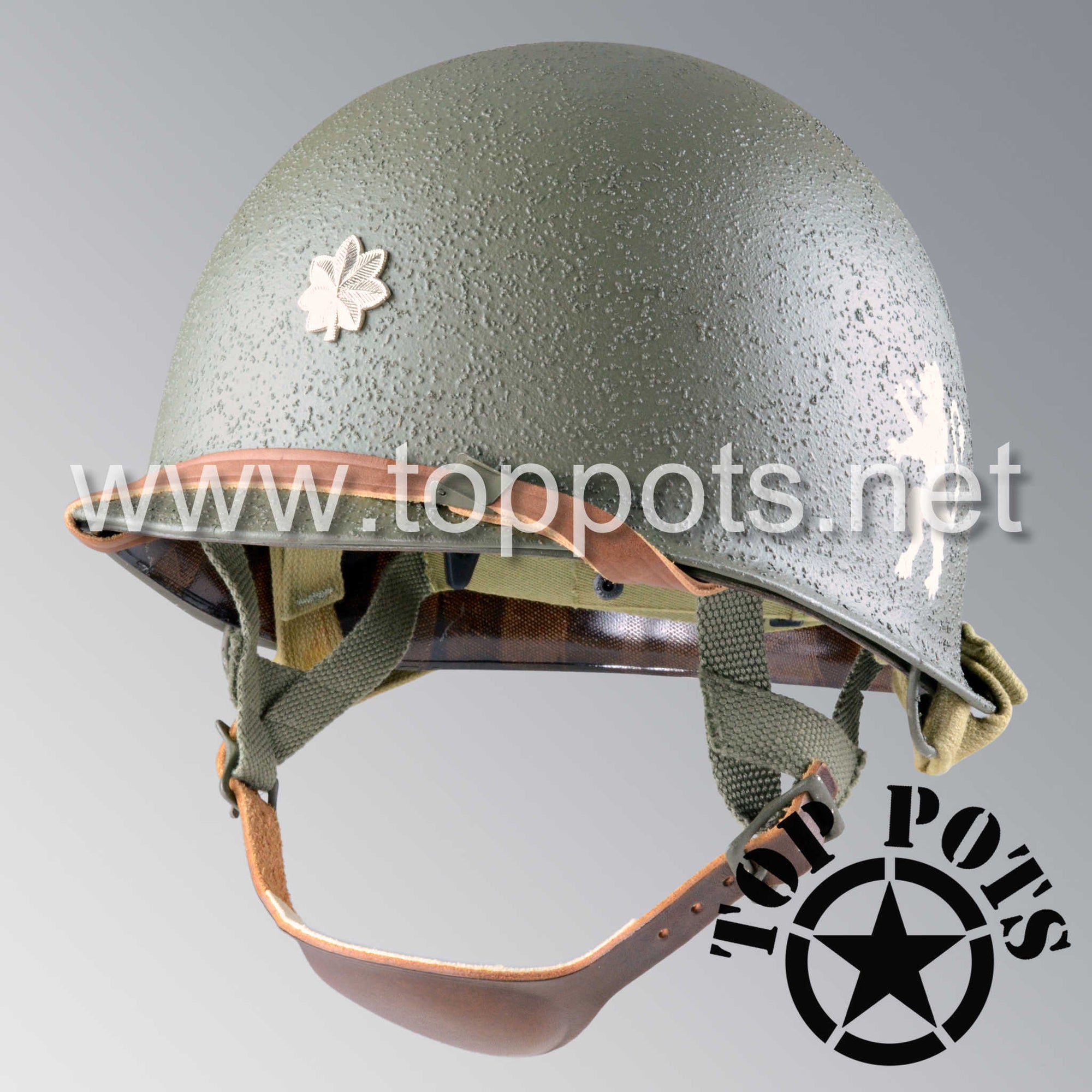 WWII US Army Restored Original M2 Paratrooper Airborne Helmet D Bale Shell and Liner with 505th PIR Major Metal Officer Emblem