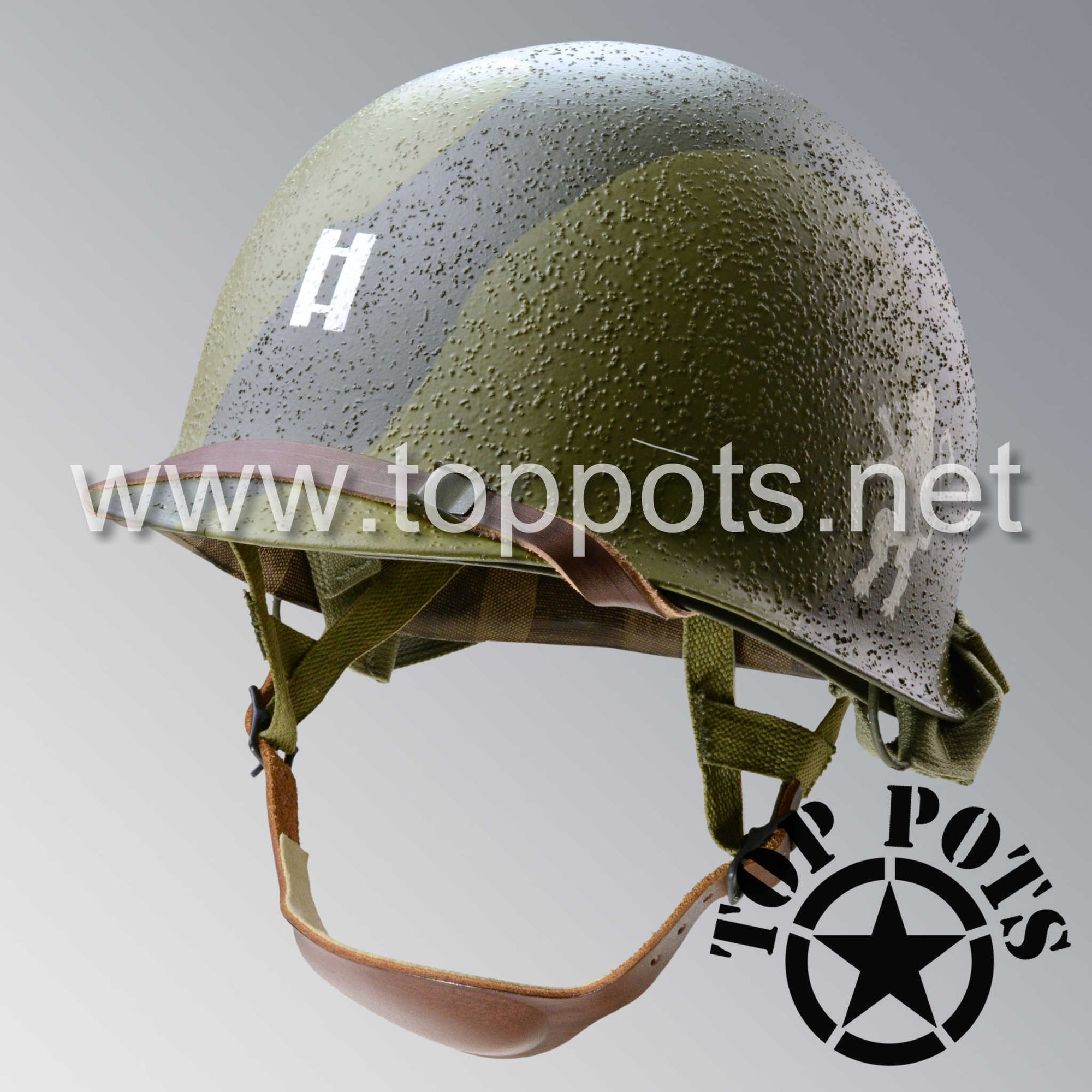 WWII US Army Restored Original M2 Paratrooper Airborne Helmet D Bale Shell and Liner with 505th PIR Officer Pathfinder Camouflage Emblem