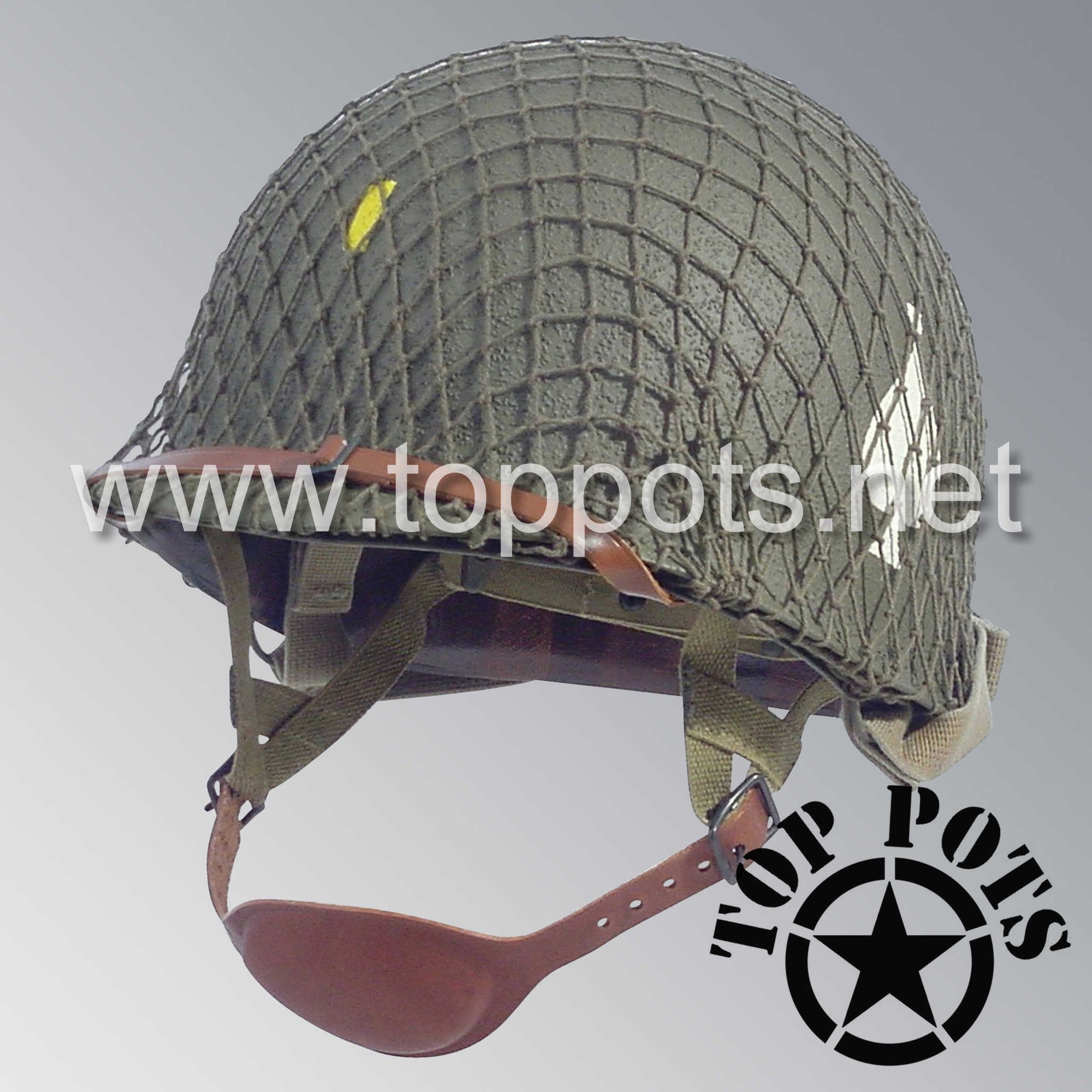 WWII US Army Restored Original M2 Paratrooper Airborne Helmet D Bale Shell and Liner with 506th PIR HQ Officer Emblem, Net and Early War Leather Chinstrap
