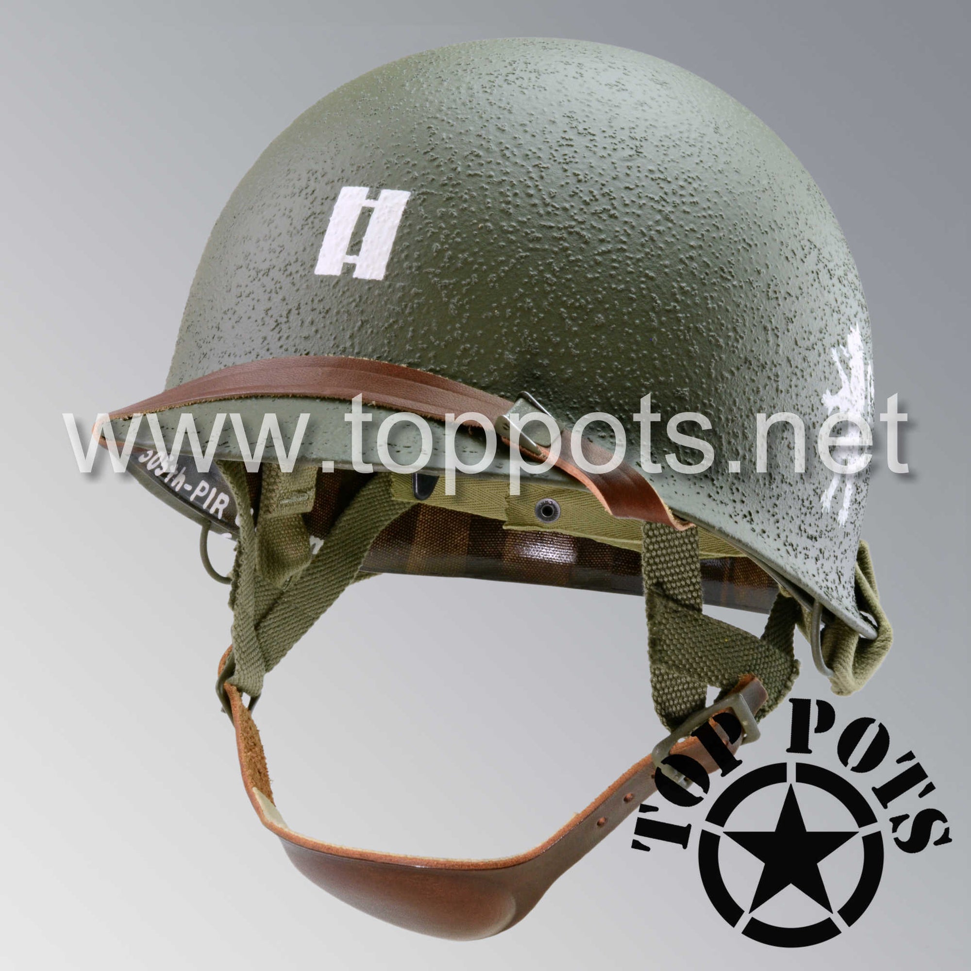 WWII US Army Restored Original M2 Paratrooper Airborne Helmet D Bale Shell and Liner with 505th PIR Captain Officer Emblem