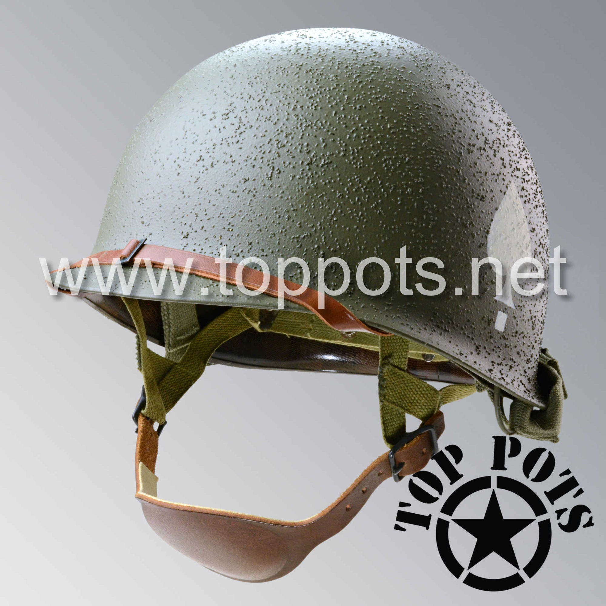 WWII US Army Restored Original M2 Paratrooper Airborne Helmet D Bale Shell and Liner with 506th 2nd Battalion PIR Emblem with Early War Leather Chinstrap