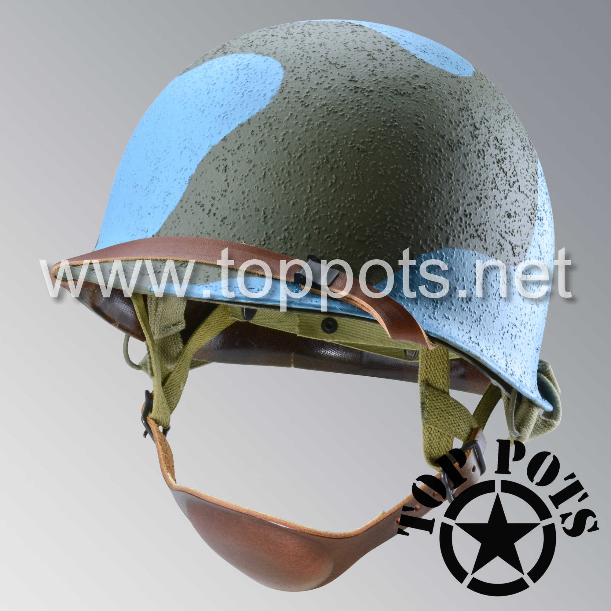WWII USMC Marine Corps M2 Para Marine Paratrooper Airborne Helmet D Bale Shell and Liner with Pacific Water Camouflage Emblem - Deep Ocean Blue