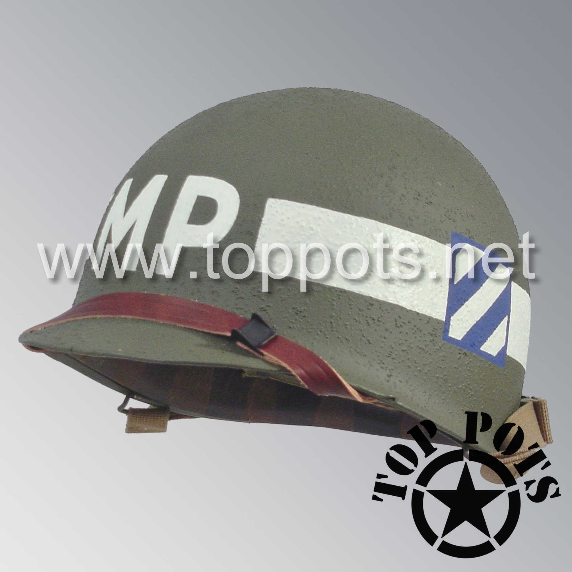 WWII US Army Restored Original M1 Infantry Helmet Swivel Bale Shell and Liner with 3rd Infantry Division MP Military Police Emblem