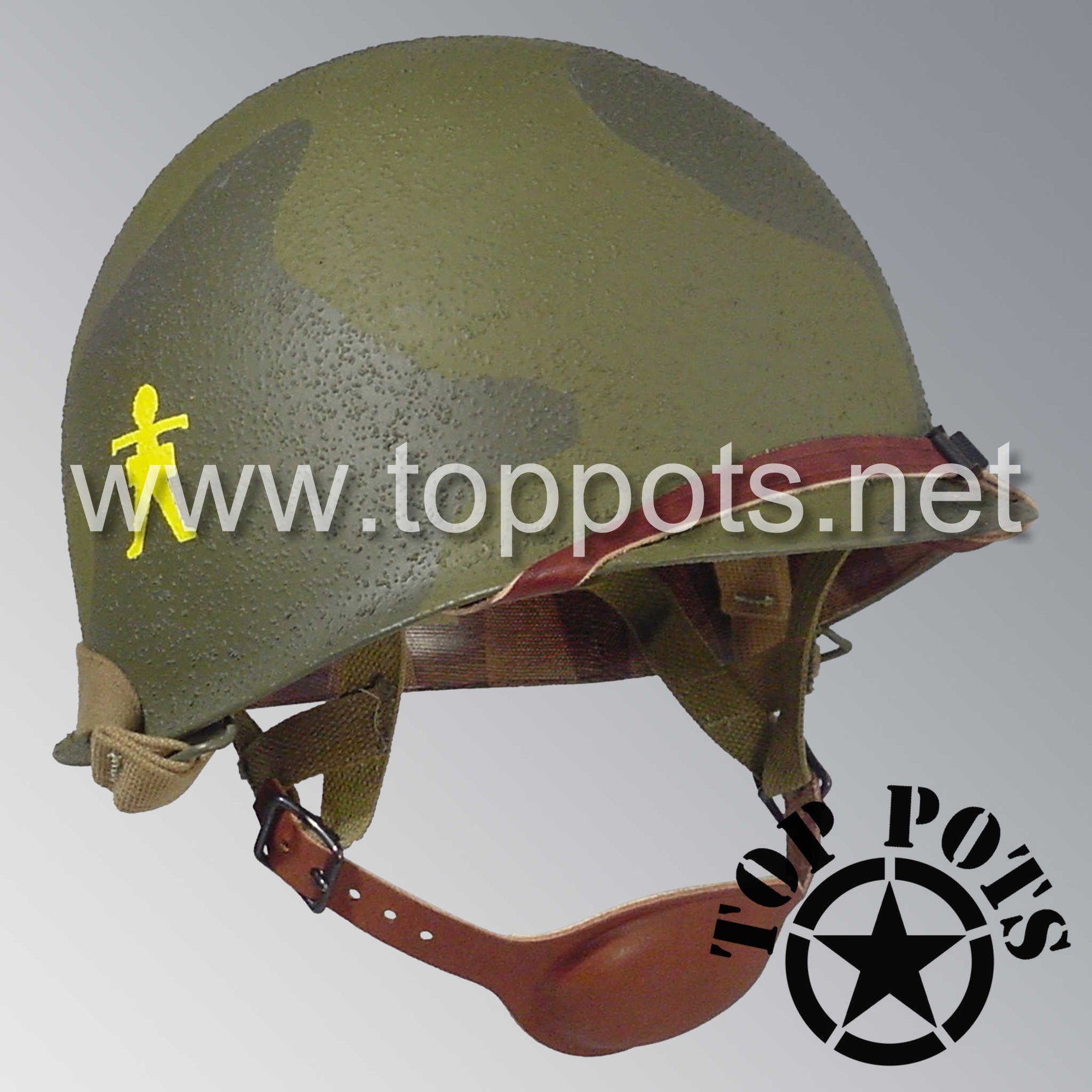 WWII US Army Restored Original M1C Paratrooper Airborne Helmet Swivel Bale Shell and Liner with 509th PIR Pathfinder Camouflage Emblem