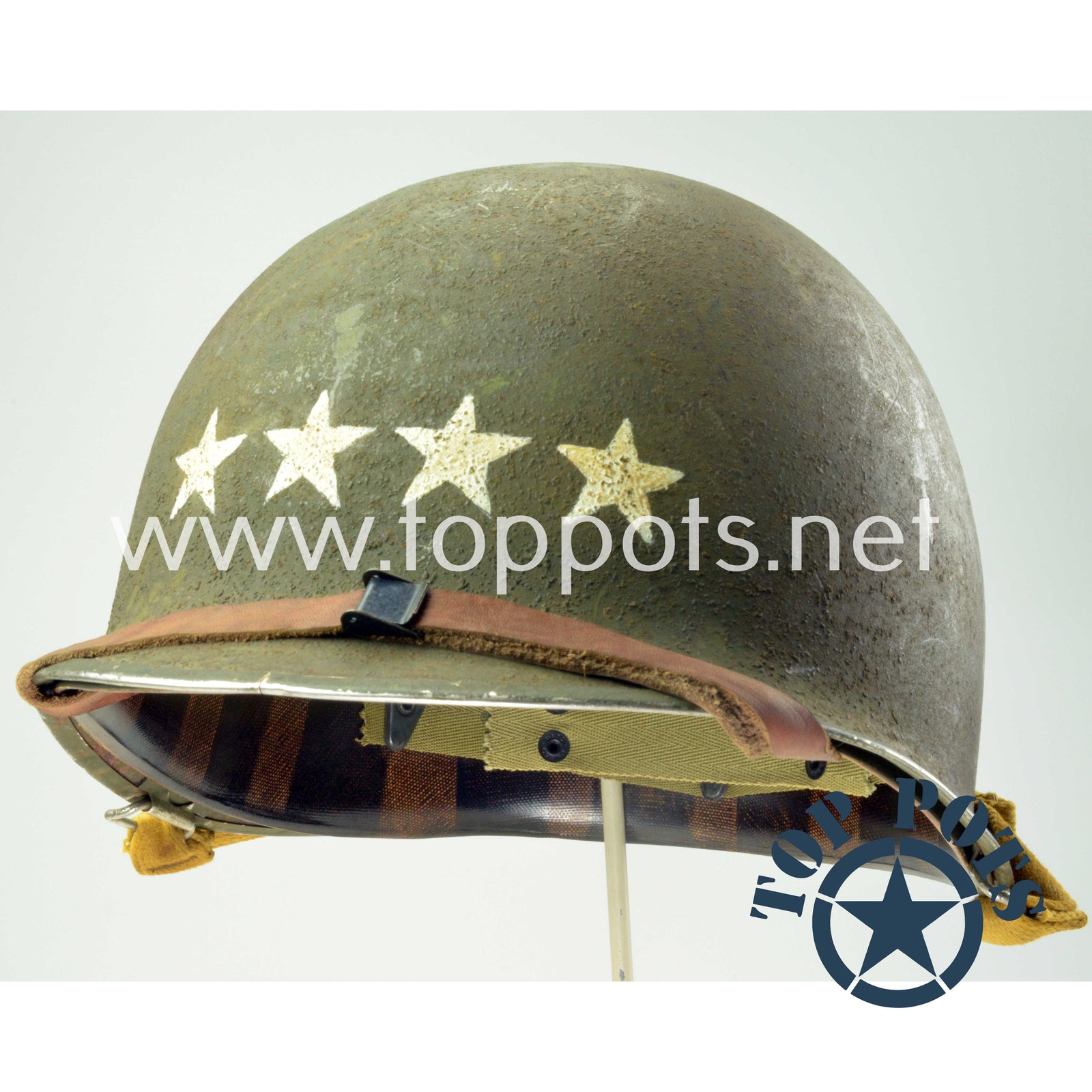 WWII US Army Aged Original M1 Infantry Helmet Swivel Bale Shell and Liner with Four Star General Stars