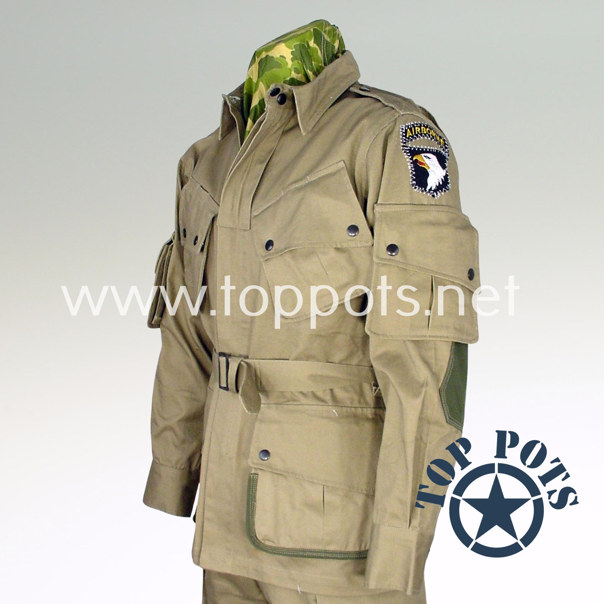 WWII US Army Reproduction M1942 Cotton Enlisted Paratrooper Combat Uniform Airborne Jacket with Ammo Pocket and 101 Patch – Coat, Parachute Jumper, M1942 (D Day Modified)