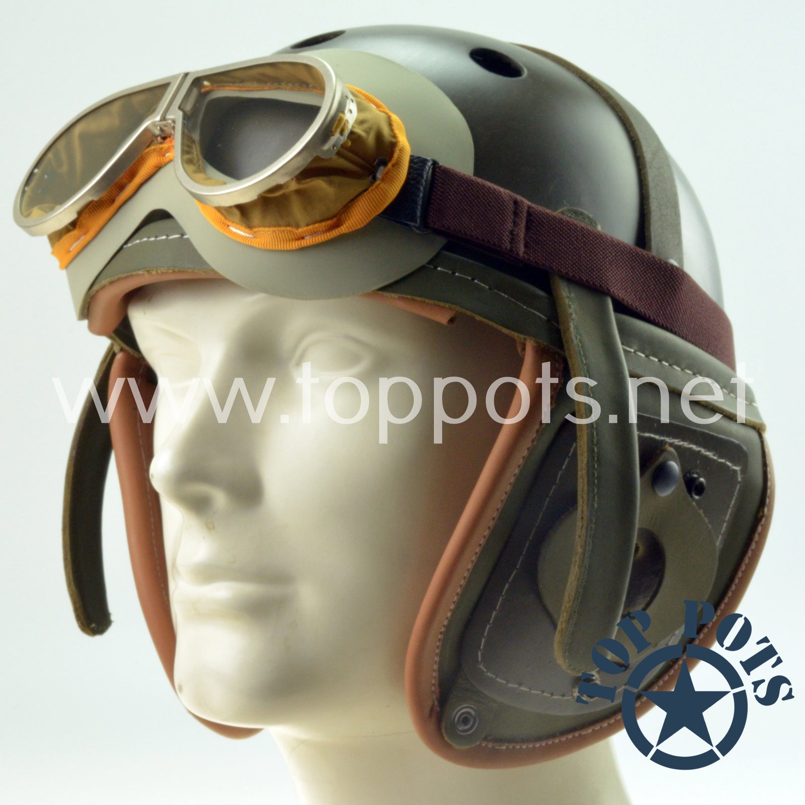 WWII US Army Reproduction M1938 Leather Armored Tanker Helmet with Goggles – Helmet, Armored Forces