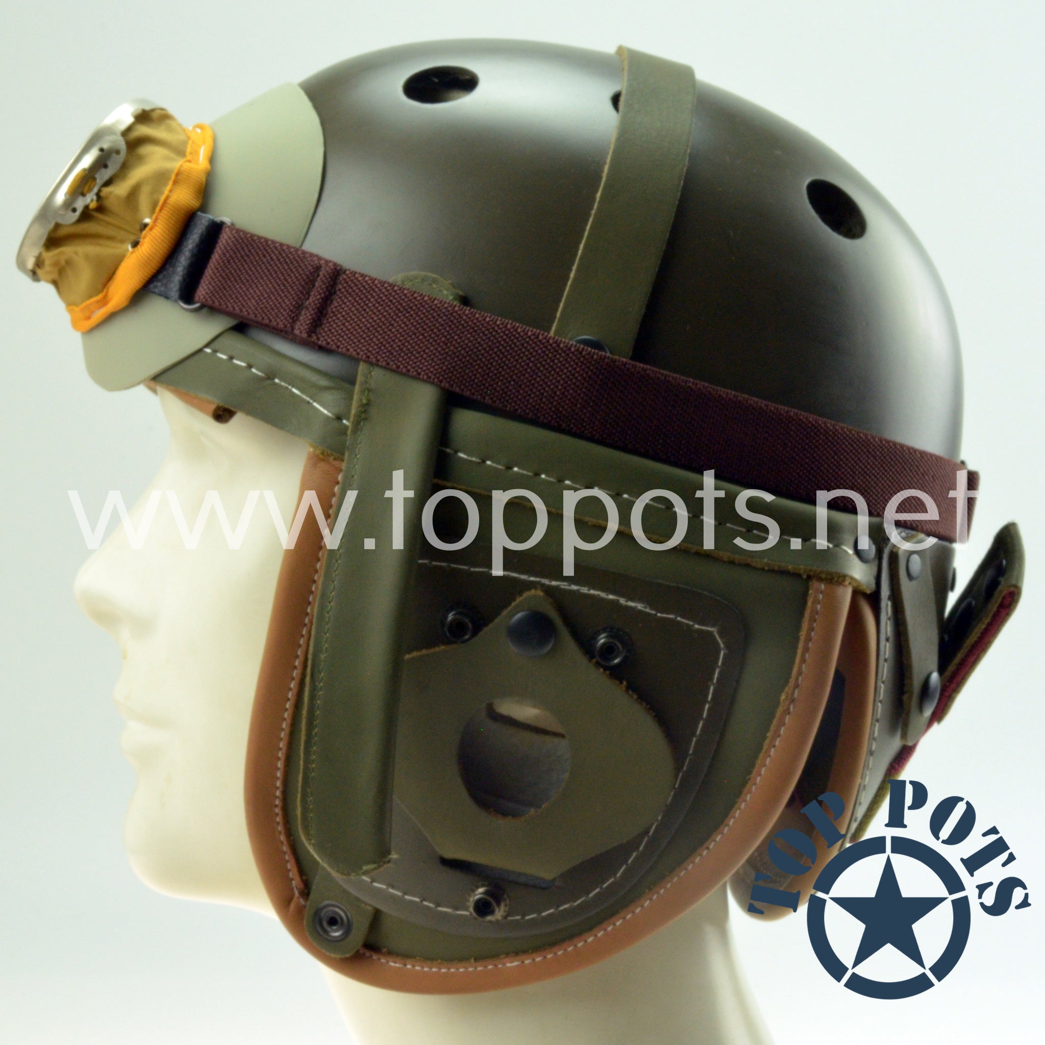 WWII US Army Reproduction M1938 Leather Armored Tanker Helmet with Gog - Top Pots