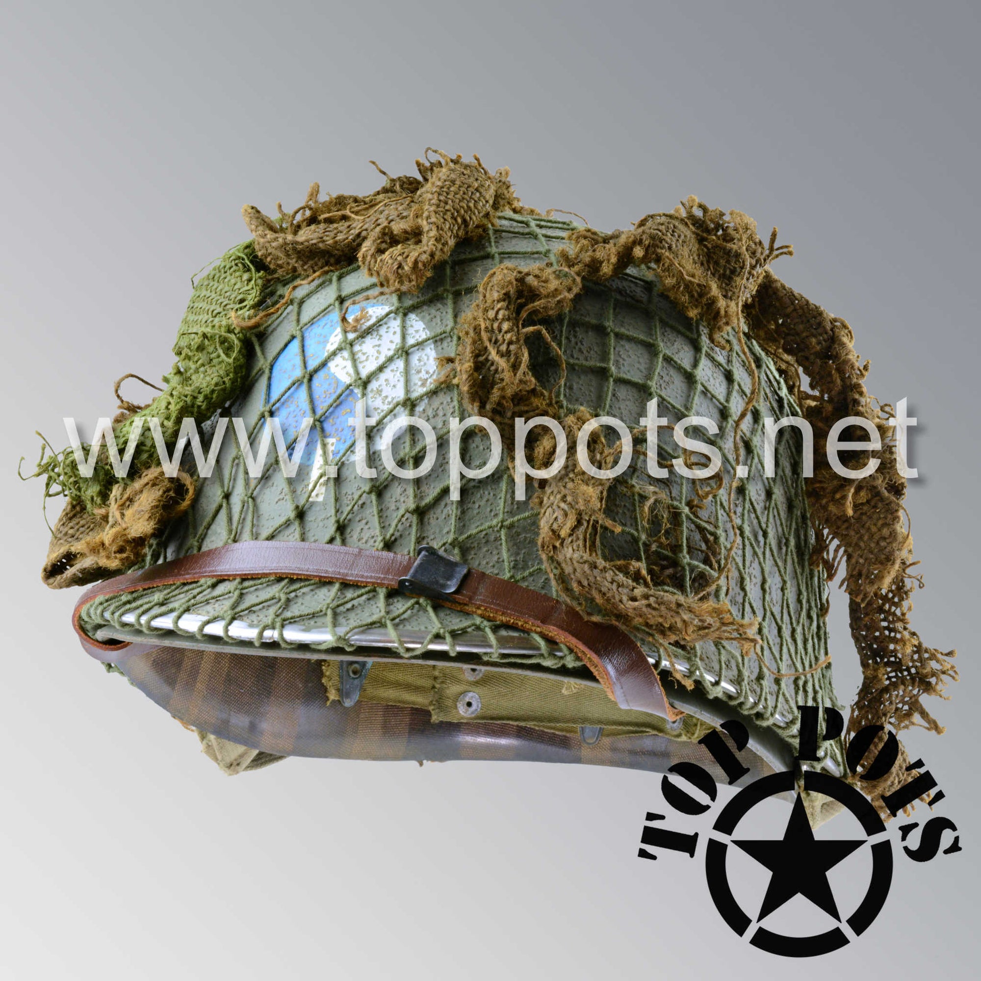 WWII US Army Aged Original M1 Infantry Helmet Swivel Bale Shell and Liner with 29th Infantry Division Officer Emblem, Net and Scrim