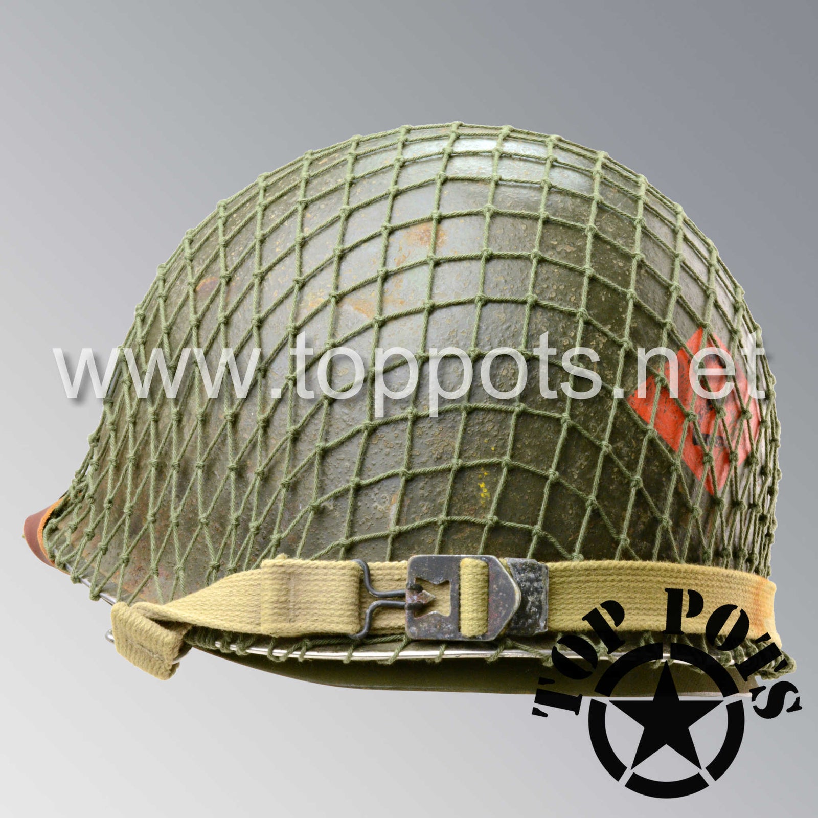WWII US Army Aged Original M1 Infantry Helmet Swivel Bale Shell and Liner with 2nd Ranger Diamond and OD 7 Net
