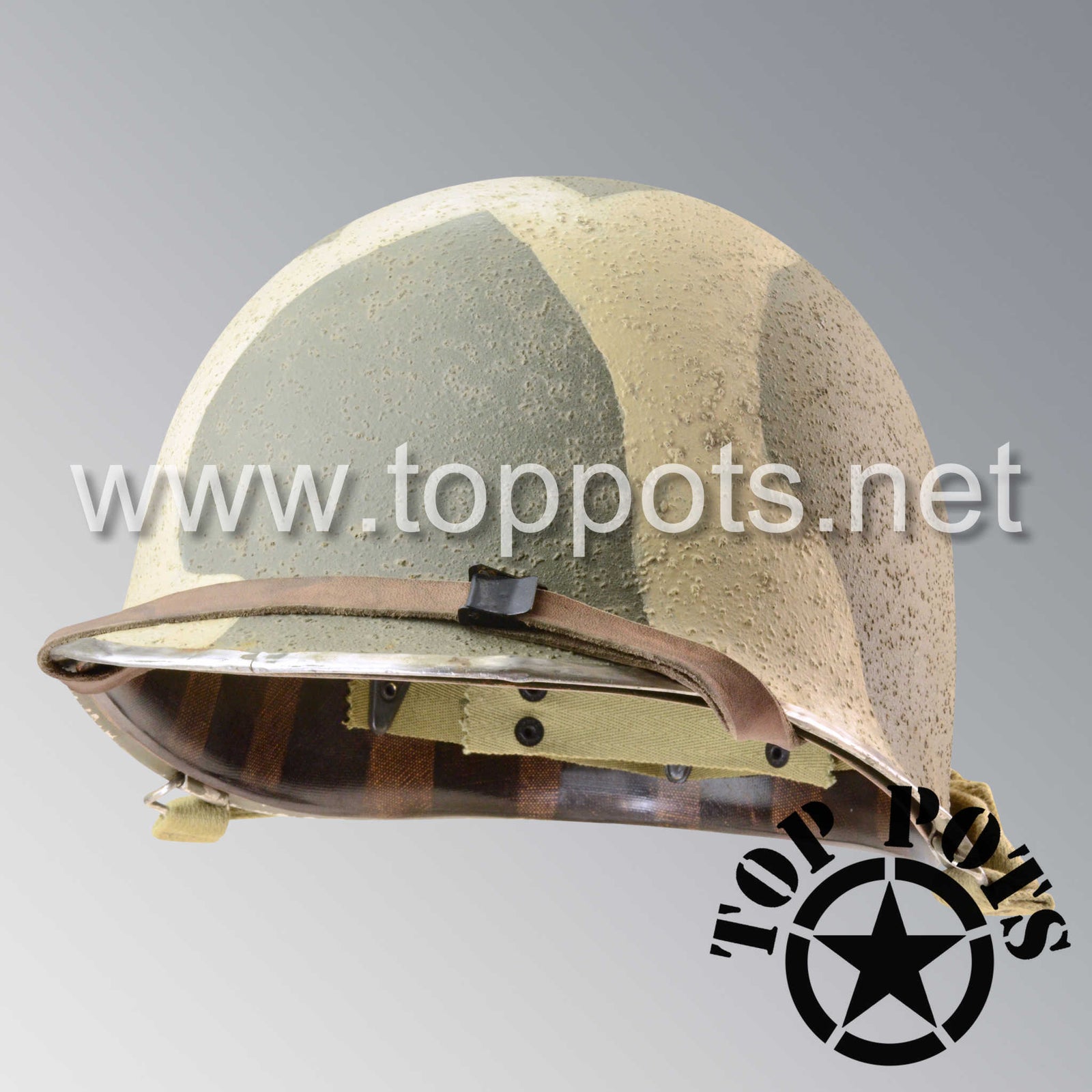 WWII US Army Aged Original M1 Infantry Helmet Swivel Bale Shell and Liner with 7th Infantry Division Camouflage Emblem