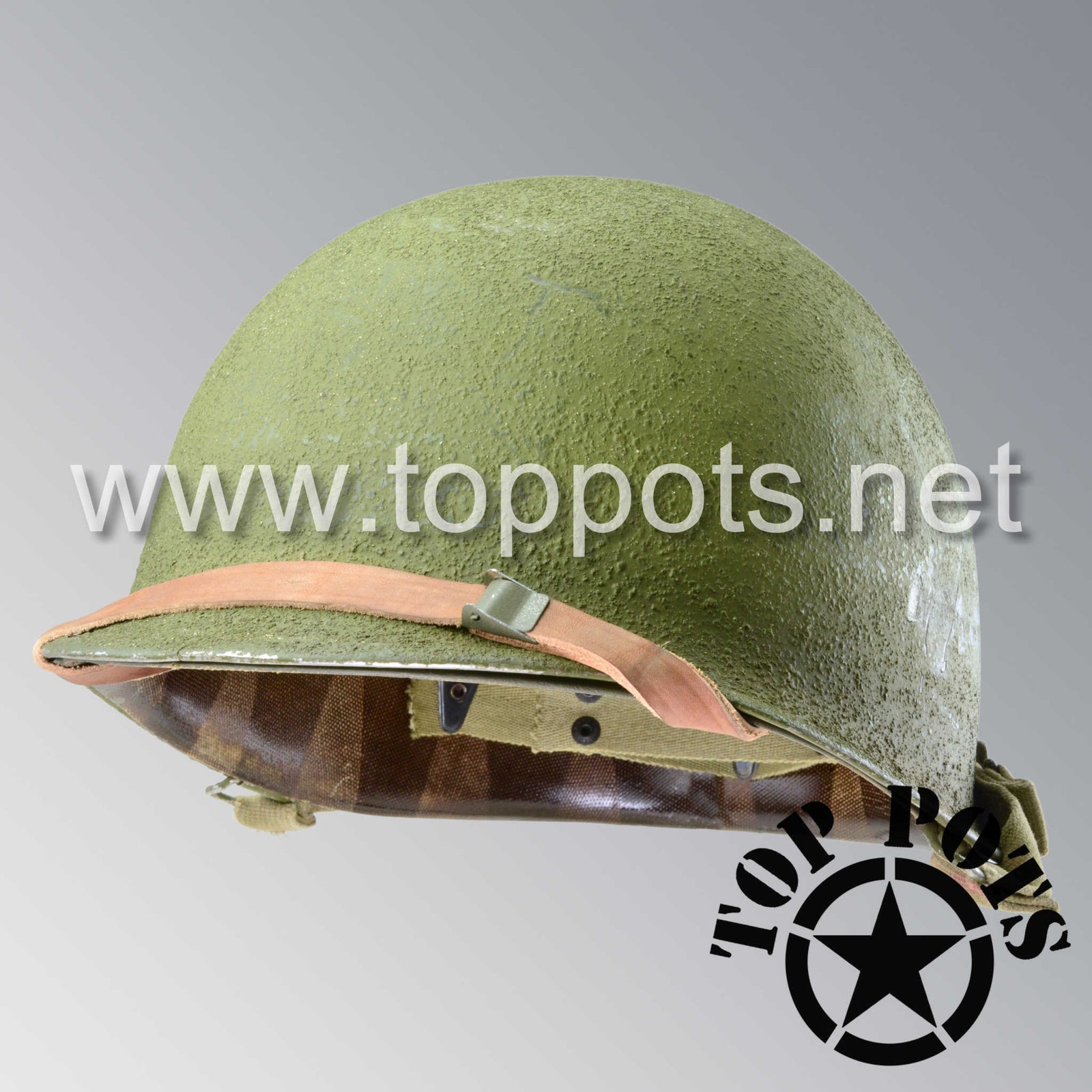 WWII US Army Aged Original M1 Infantry Helmet Swivel Bale Shell and Liner with Late War Finish