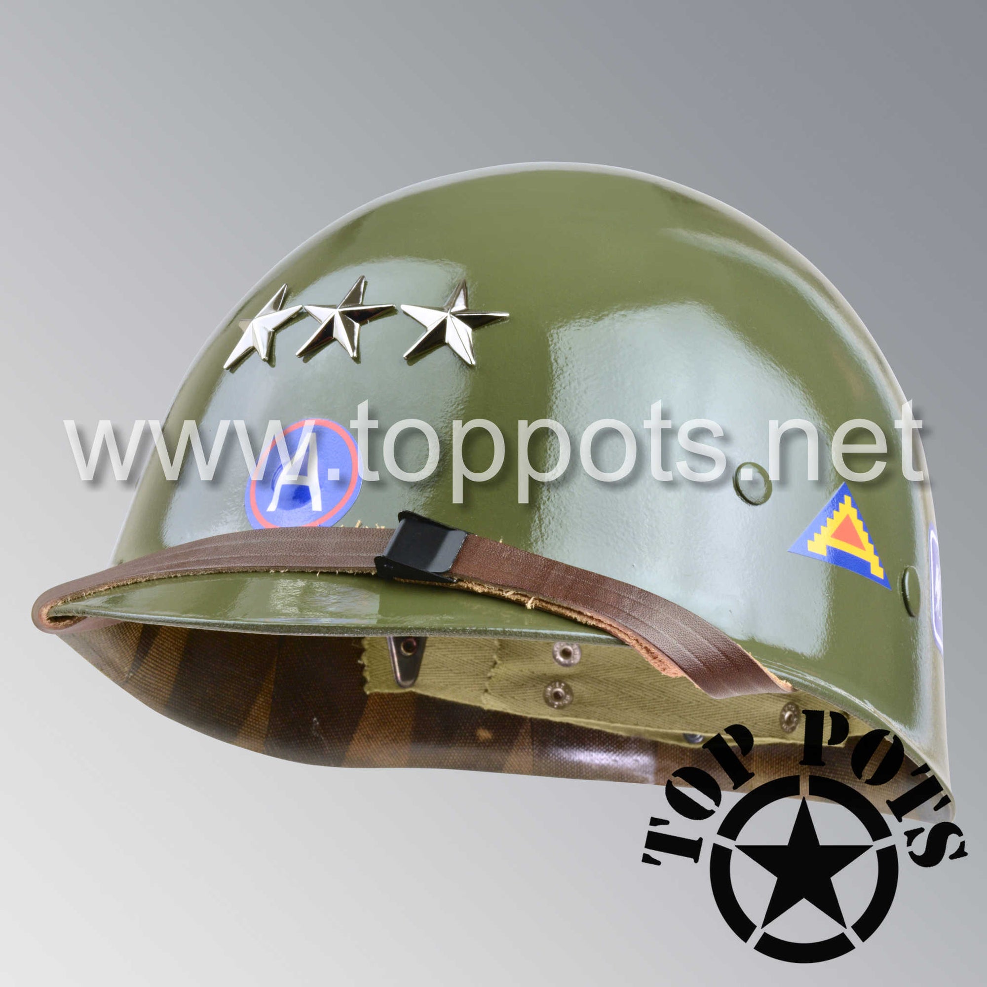 WWII US Army Restored Original M1 Infantry Helmet Liner with Patton 3rd Army Lieutenant General Rank