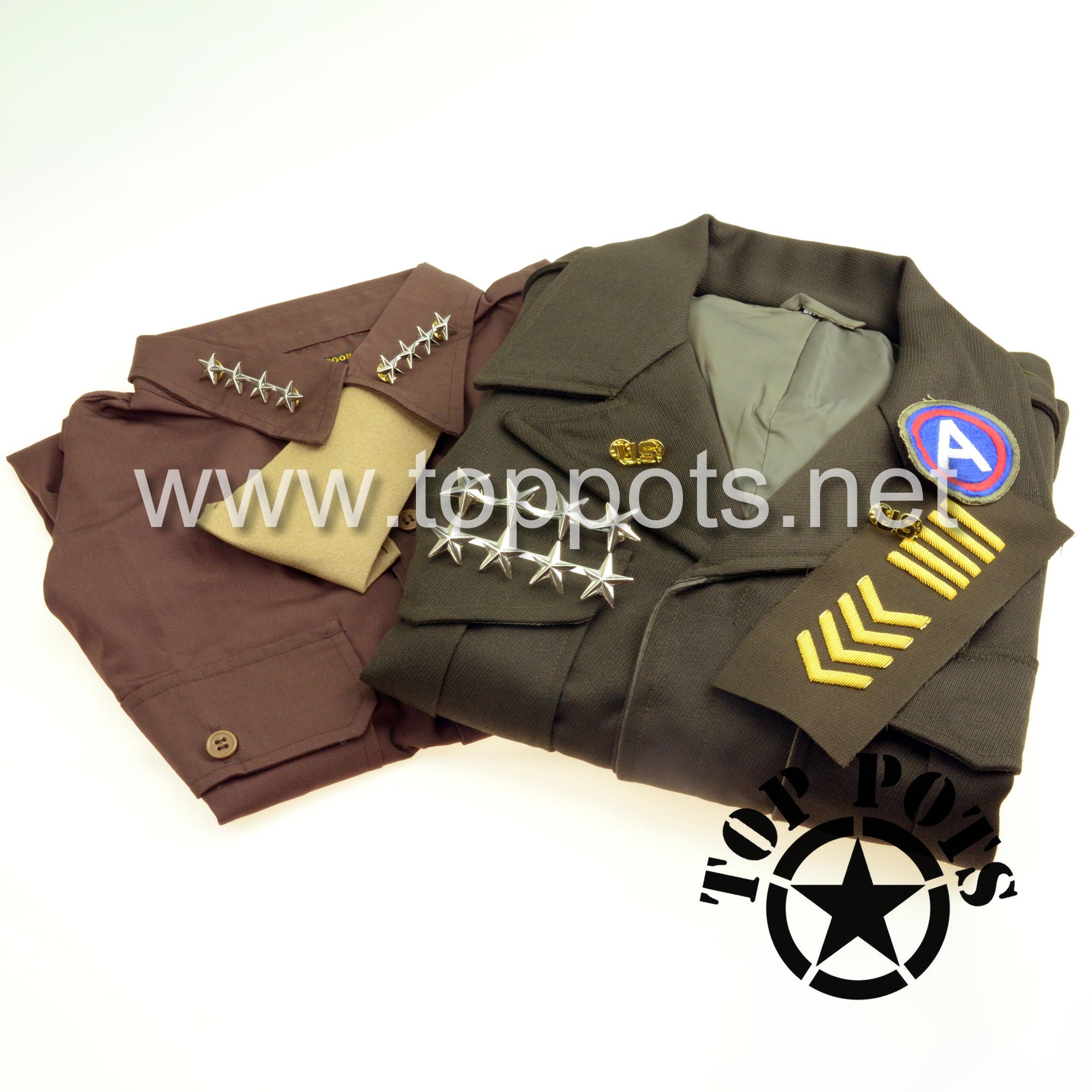 WWII US General Patton 3rd Army Four Star Parade Liner, Ike Jacket, Service Shirt, Khaki Tie, Riding Pant, Riding Boot & Uniform with Insignia (Full Uniform)