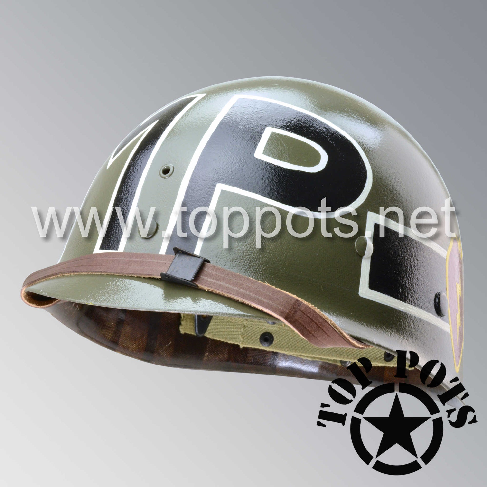 Korean War US Army Restored Original M1 Infantry Helmet Liner with 25th MP Military Police Company 25th Infantry Division Emblem