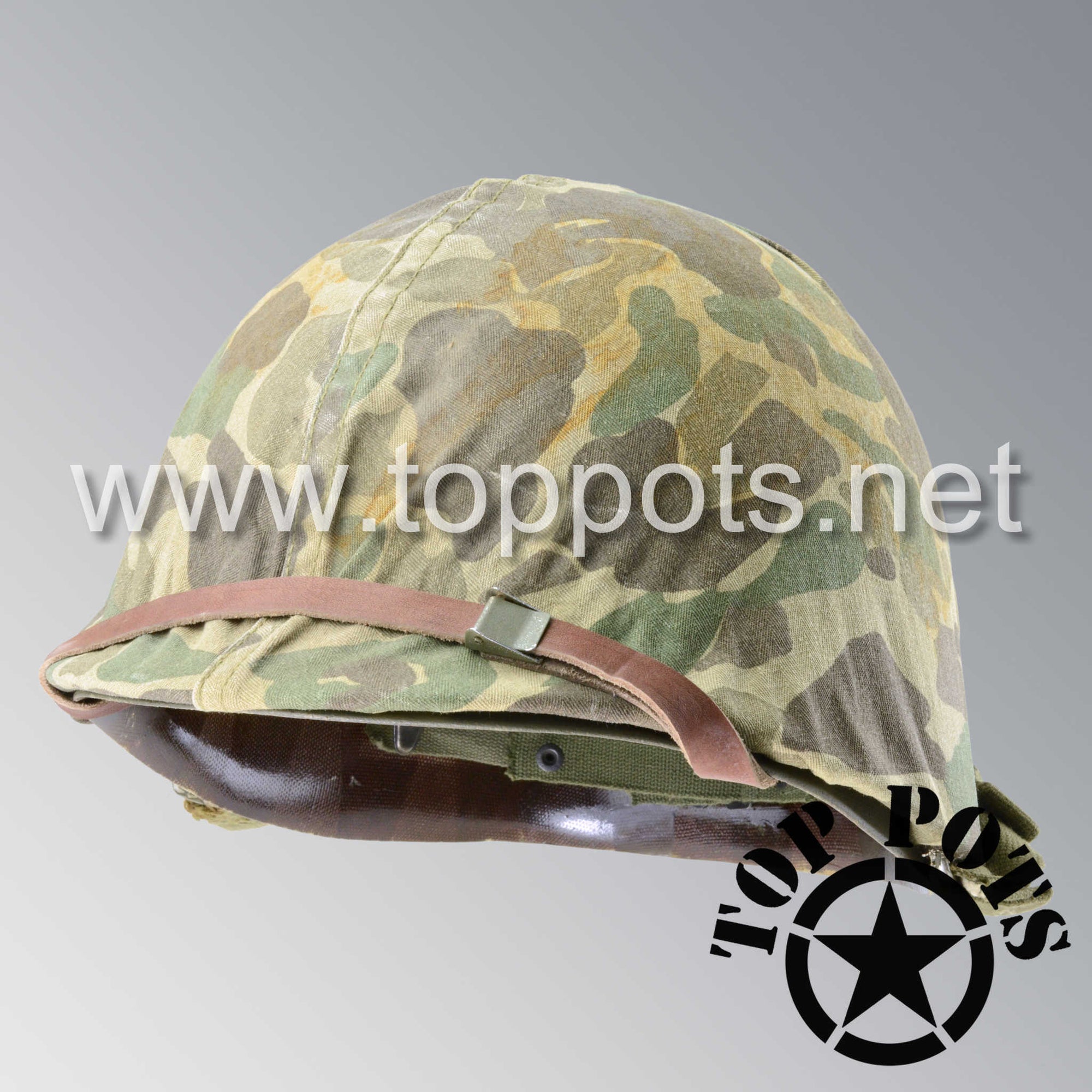 Korean War USMC Restored Original M1 Infantry Helmet Swivel Bale Shell and Liner with Marine Corps Camouflage Cover