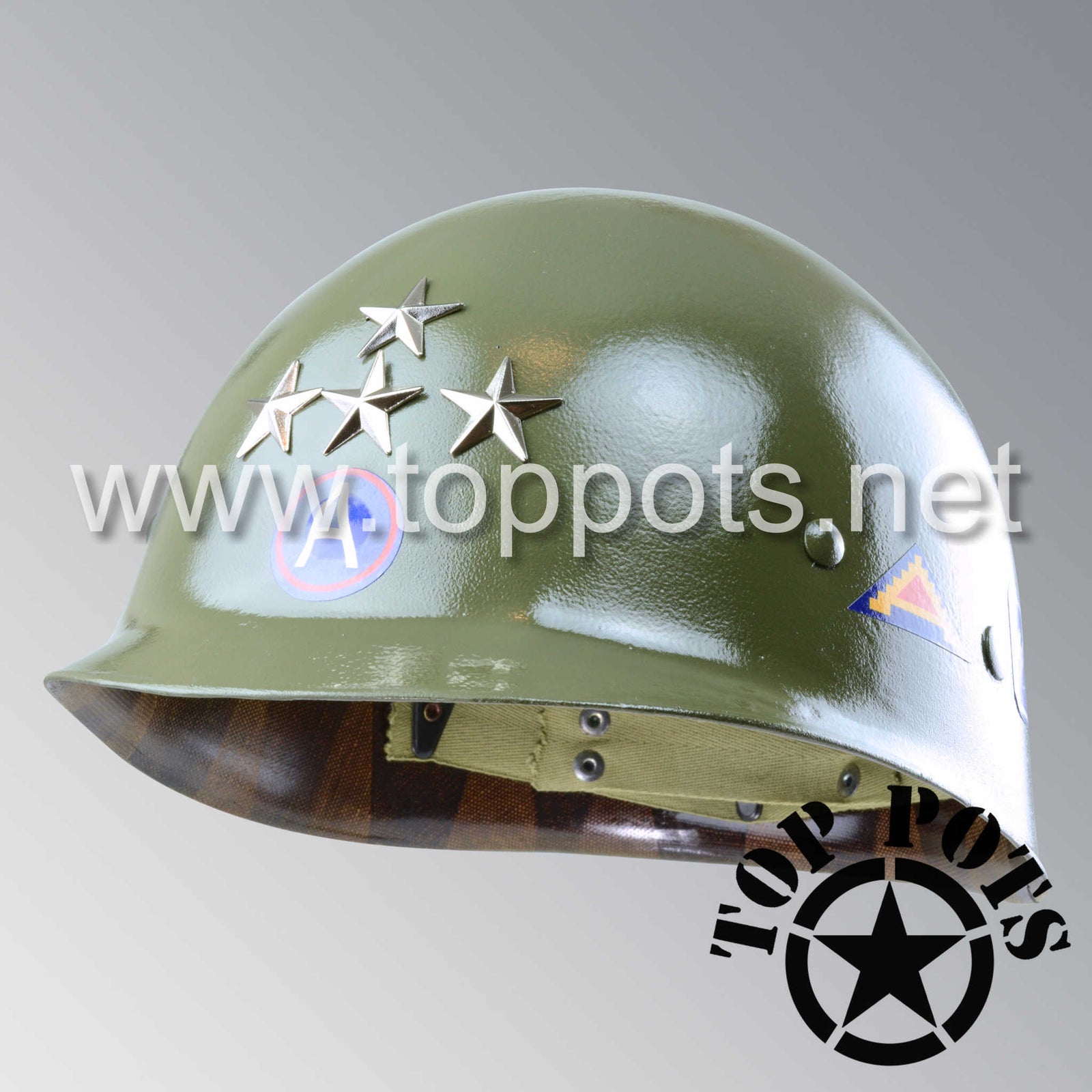 WWII US Army Restored Original M1 Infantry Helmet Liner with Patton 3rd Army Four Star General Rank - No Leather Chinstrap