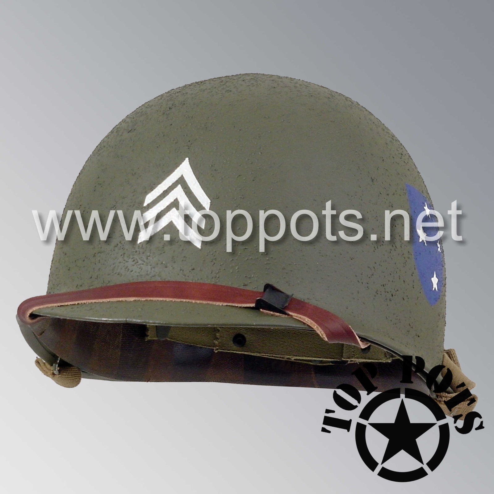 WWII US Army Restored Original M1 Infantry Helmet Swivel Bale Shell and Liner with 23rd Infantry Division NCO Emblem