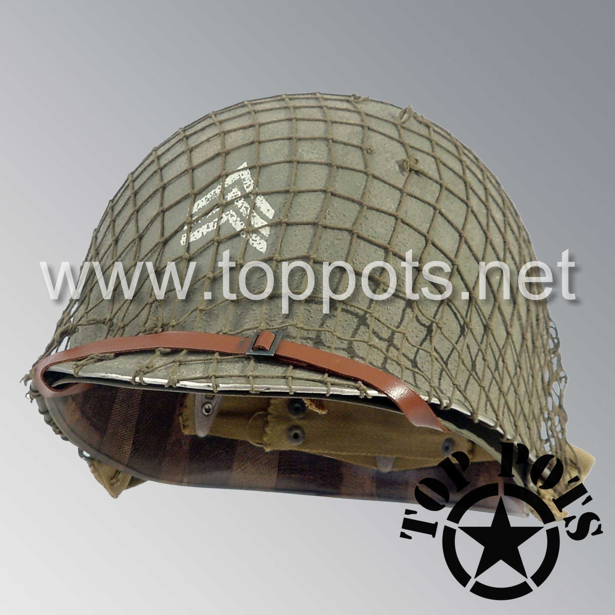 WWII US Army Aged Original M1 Infantry Helmet Fix Bale Shell and Liner with 2nd Ranger NCO Emblem and Net