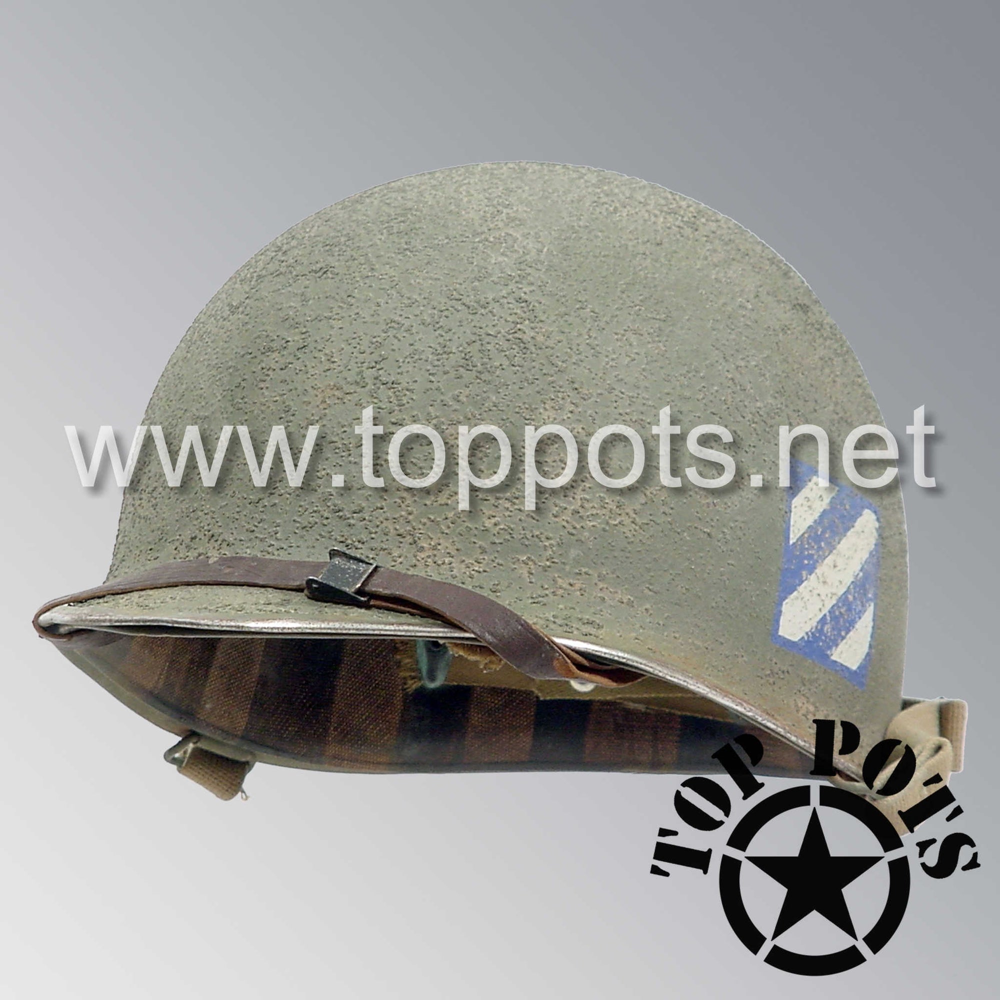 WWII US Army Aged Original M1 Infantry Helmet Swivel Bale Shell and Liner with 3rd Infantry Division Emblem