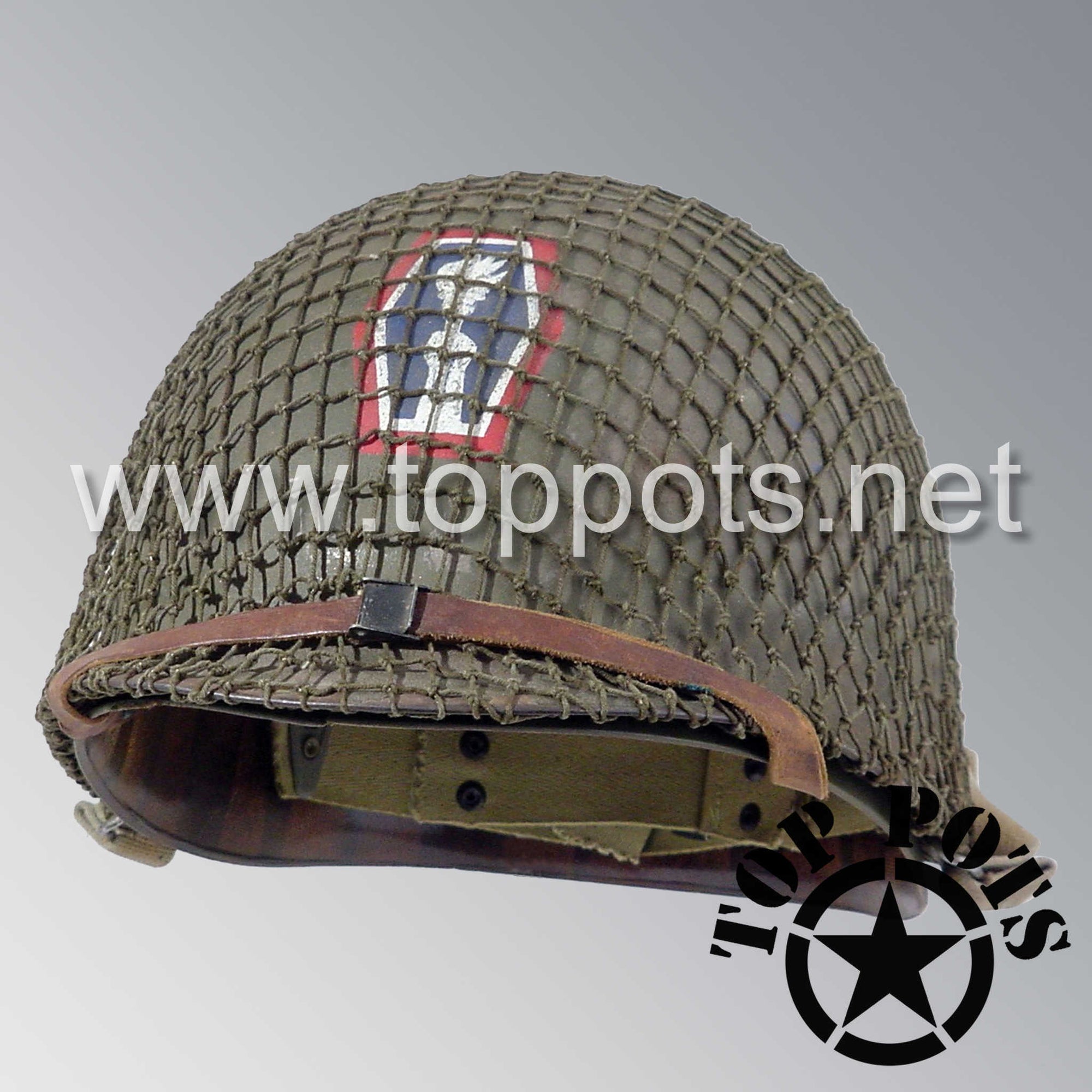 WWII US Army Aged Original M1 Infantry Helmet Swivel Bale Shell and Liner with 442nd Infantry Division Emblem with Net