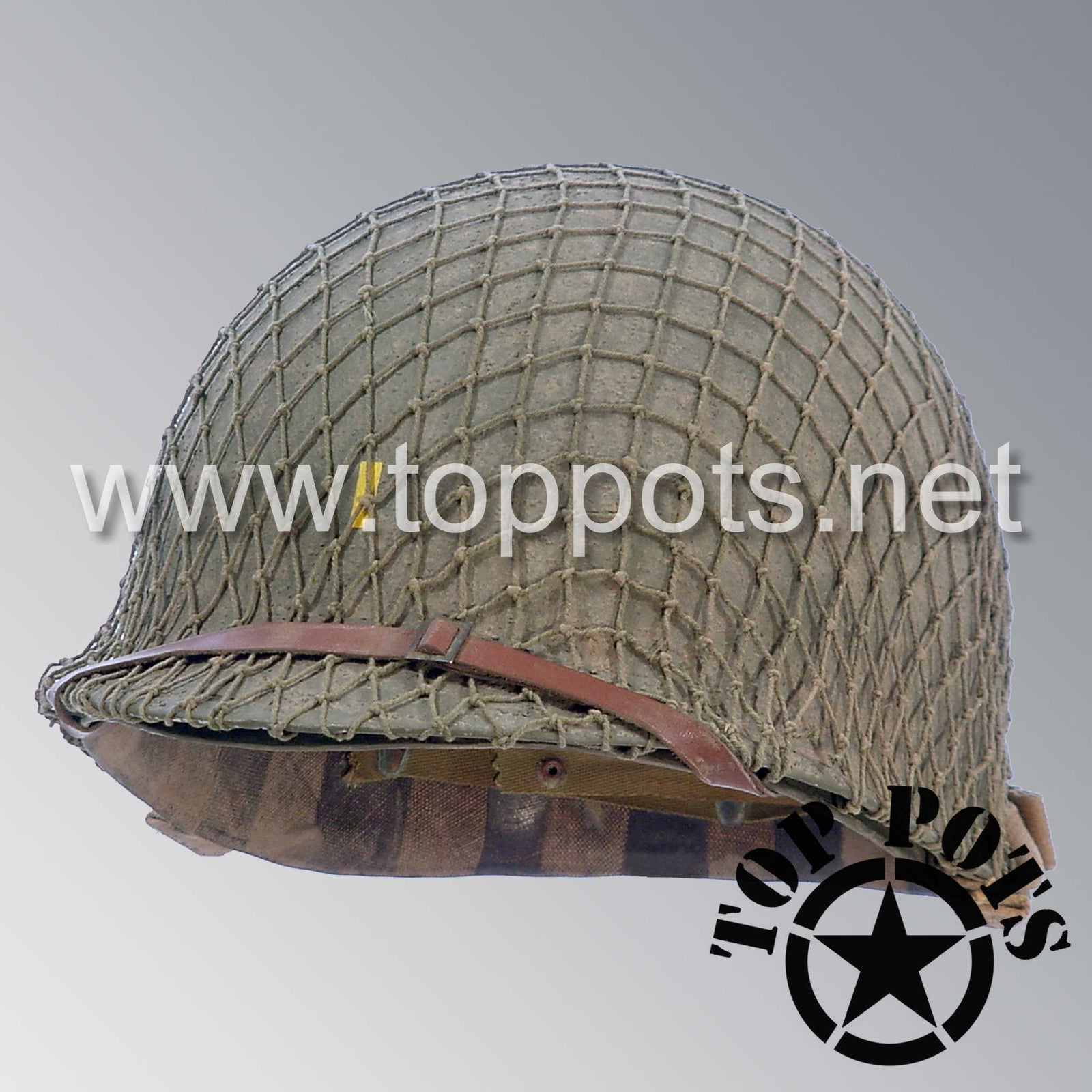 WWII US Army Aged Original M1 Infantry Helmet Fix Bale Shell and Liner with 2nd Lieutenant Officer Emblem and Net