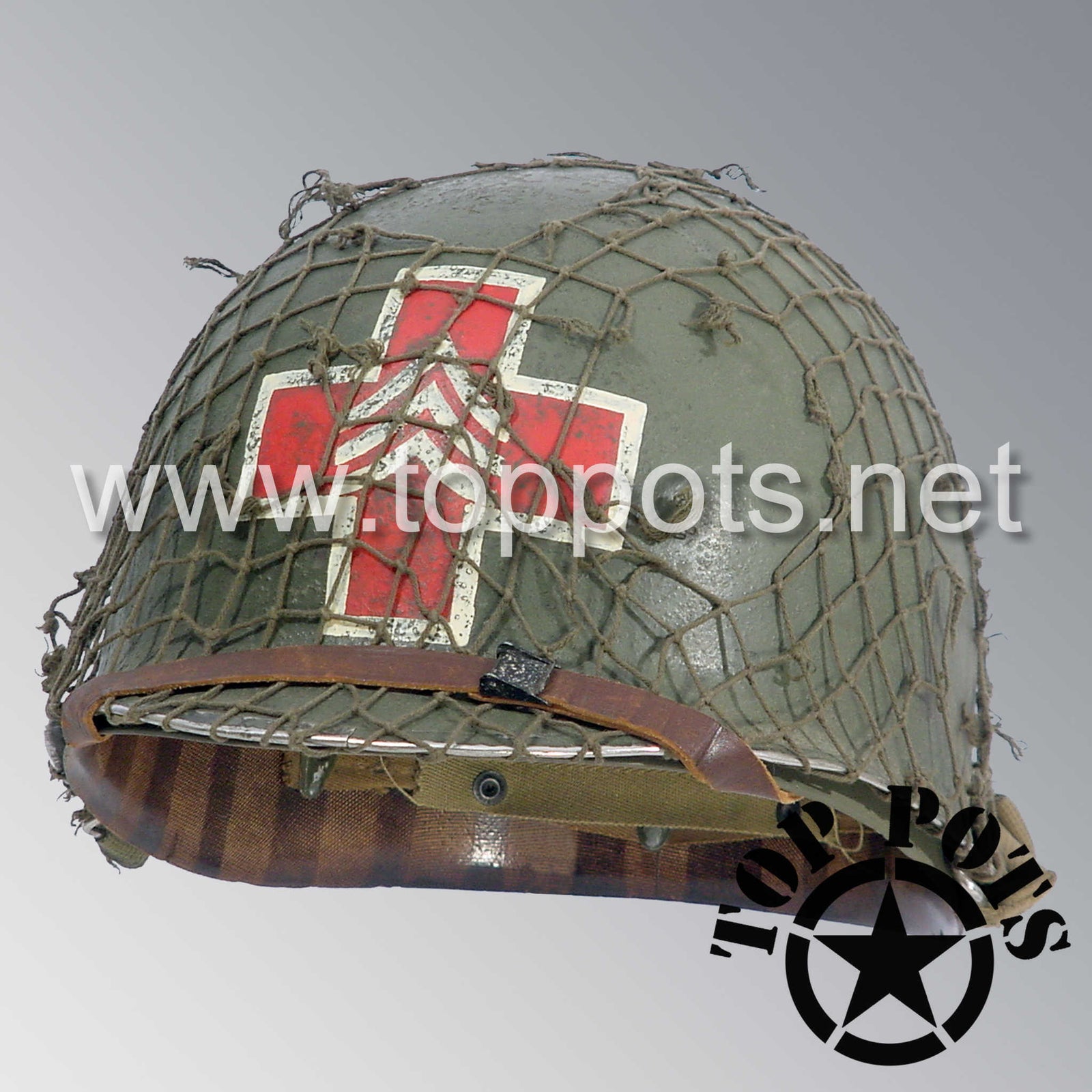 WWII US Army Aged Original M1 Infantry Helmet Swivel Bale Shell and Liner with Single Panel Medic NCO Emblem with Net